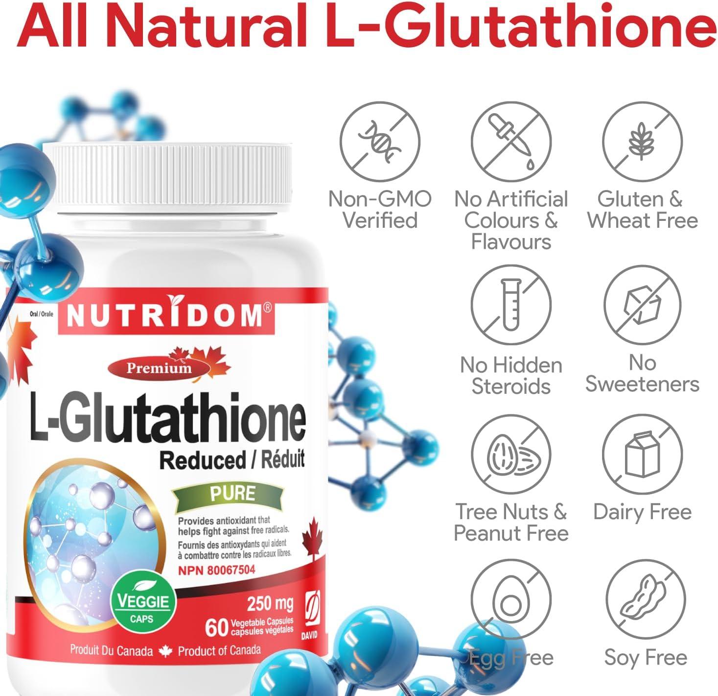 Nutridom L-Glutathione 250mg Reduced Glutathione Supplement for Antioxidant  Support Non-GMO Vegan Gluten-Free Soy-Free Dairy-Free No Additives &  Fillers (60 Veggie Capsules) | Buy Now with Express International Delivery  | GoSupps.com