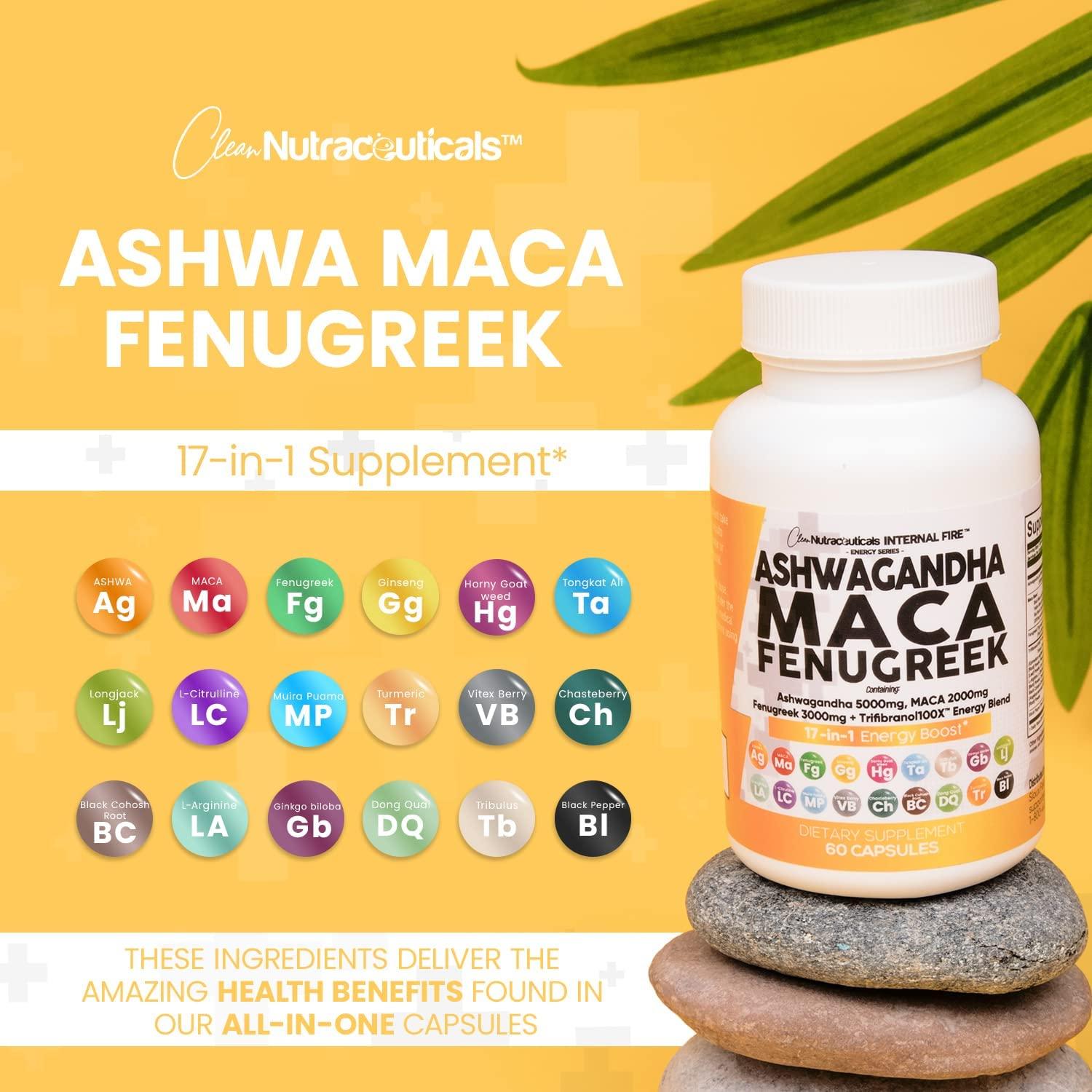 5000mg Ashwagandha, 2000mg Maca Root, 3000mg Fenugreek Supplement Stress & Mood Support with