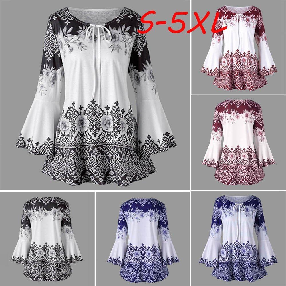 Plus Size Tops for Women Retro Printed Blouses Tees Long Flare
