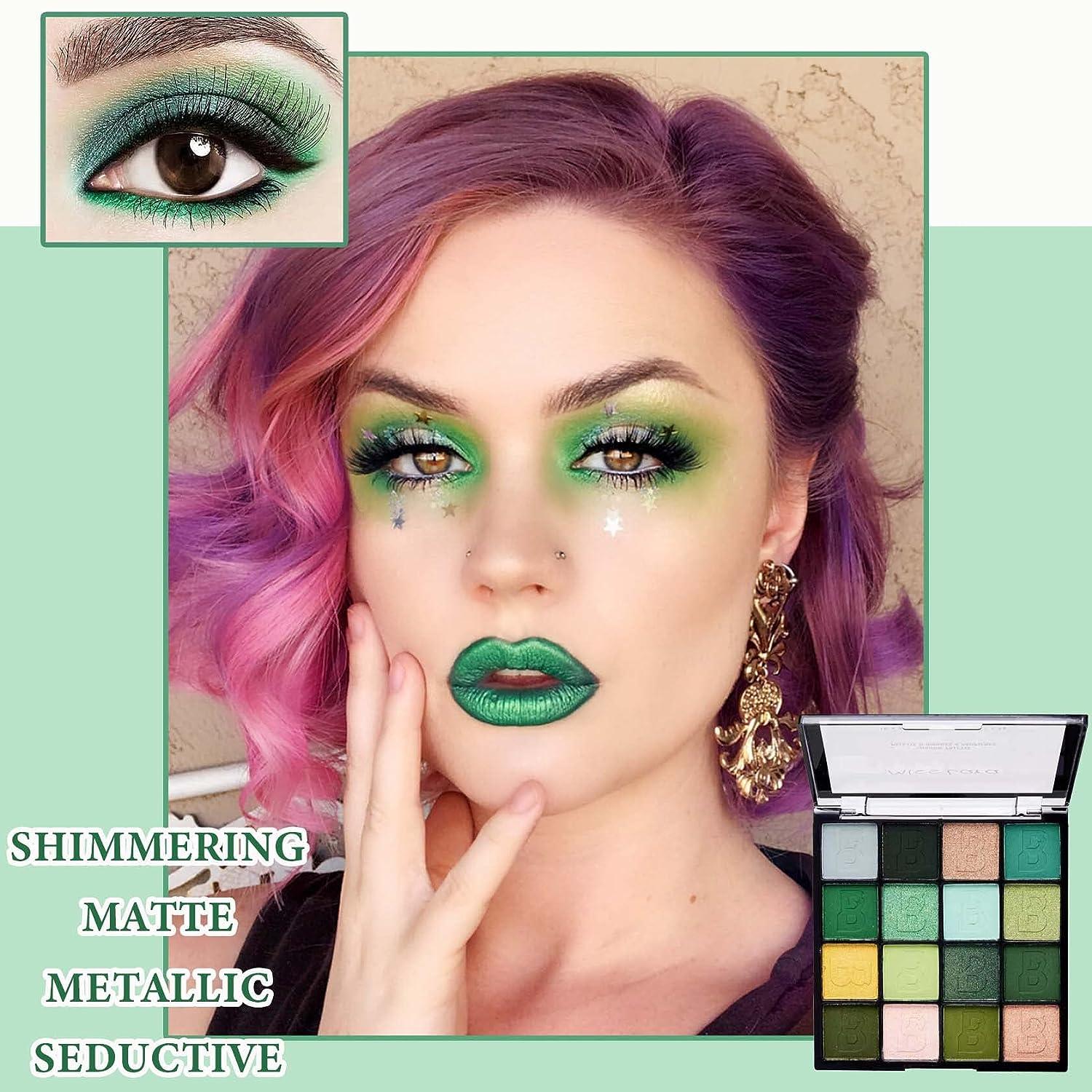 Highly Pigmented Green Glitter Eyeshadow Palette - 16 Colors | Long