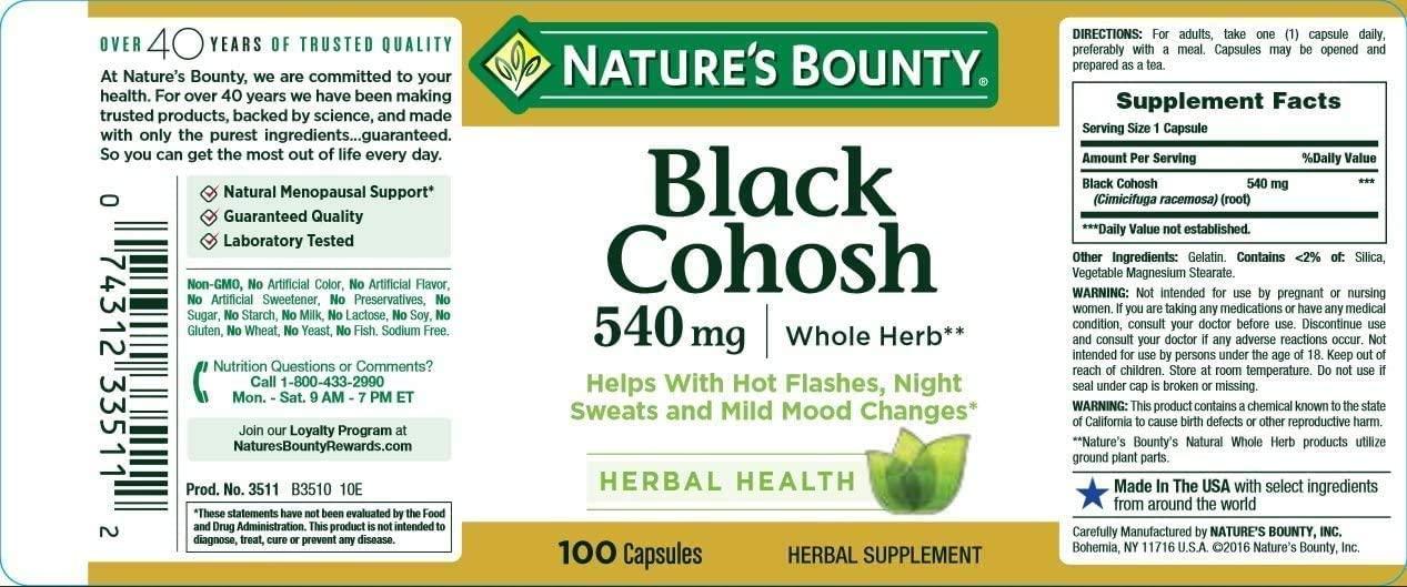 Nature's Bounty Black Cohosh 540 mg 100 Capsules