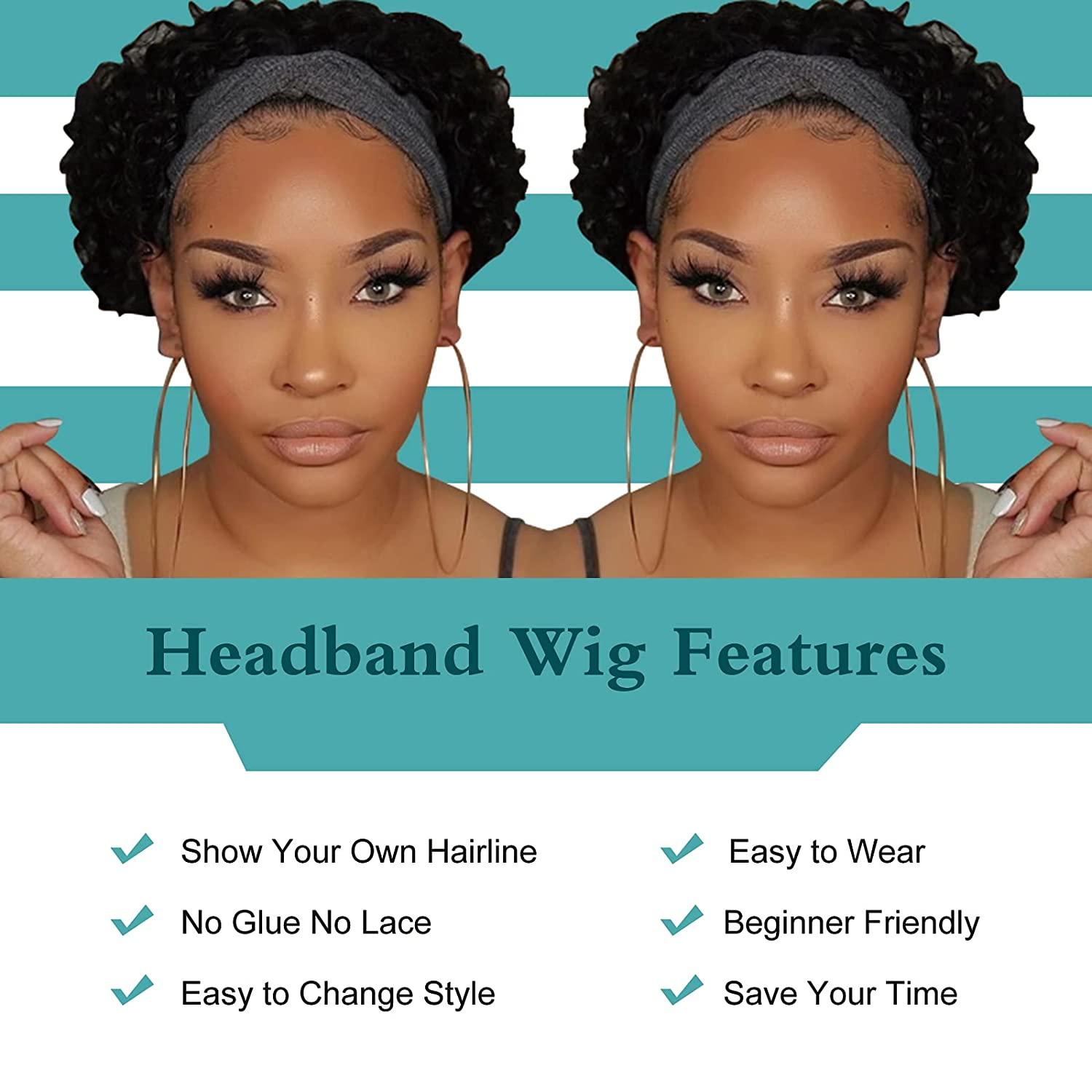 Headband Wig Human Hair Short Pixie Wigs for Women Short Curly Headband