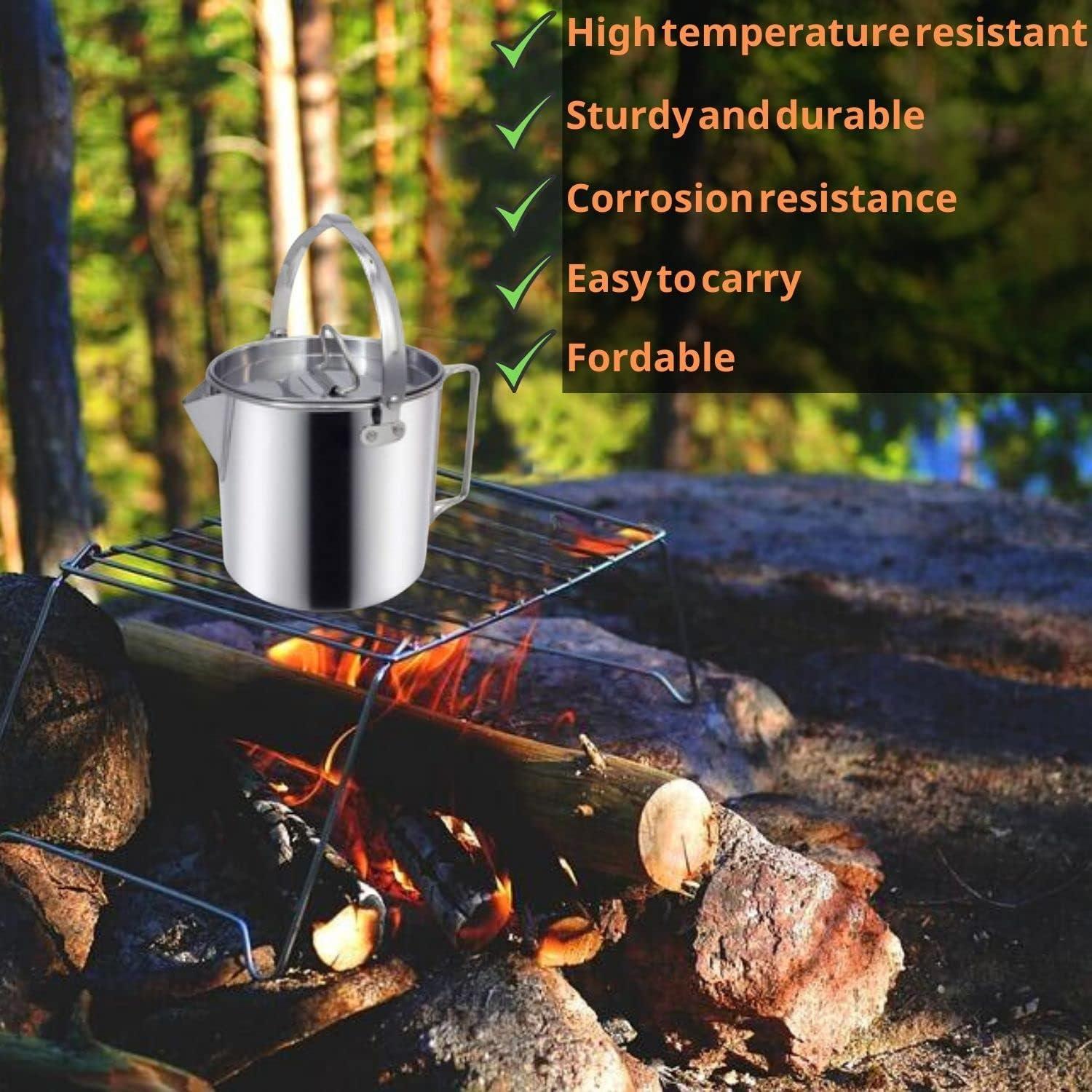 AITREASURE Camping Tea Kettle Stainless Steel Hiking Pot Portable 1.2L  Coffee Pot with Handles and with Lids for Camping Hiking Picnic Pot and Hook