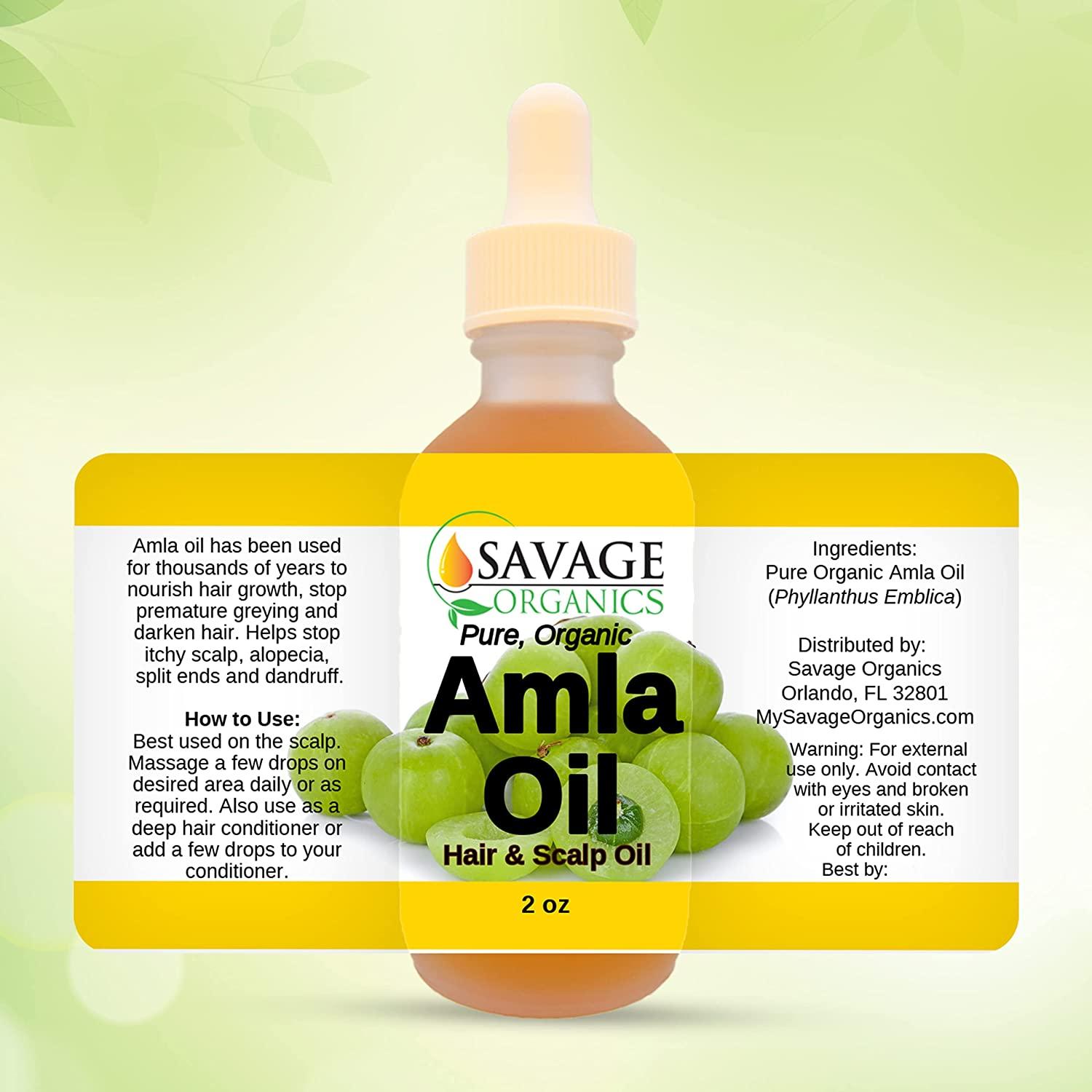 Organic Amla Oil by Savage Organics – 100% Pure Cold Pressed Hair Oil,  Beard Oil, Indian Gooseberry Hair Growth & Scalp Oil 2 oz OR 4 oz Value  Size in Glass Bottle
