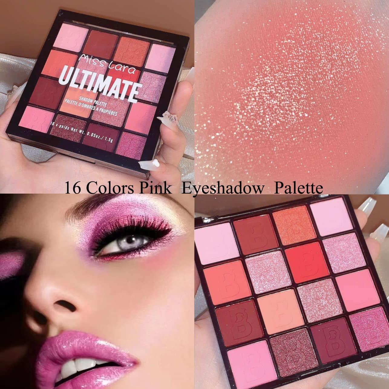 Yeweian Pink Red Eyeshadow Palette 16 Colors Pink Glitter Matte