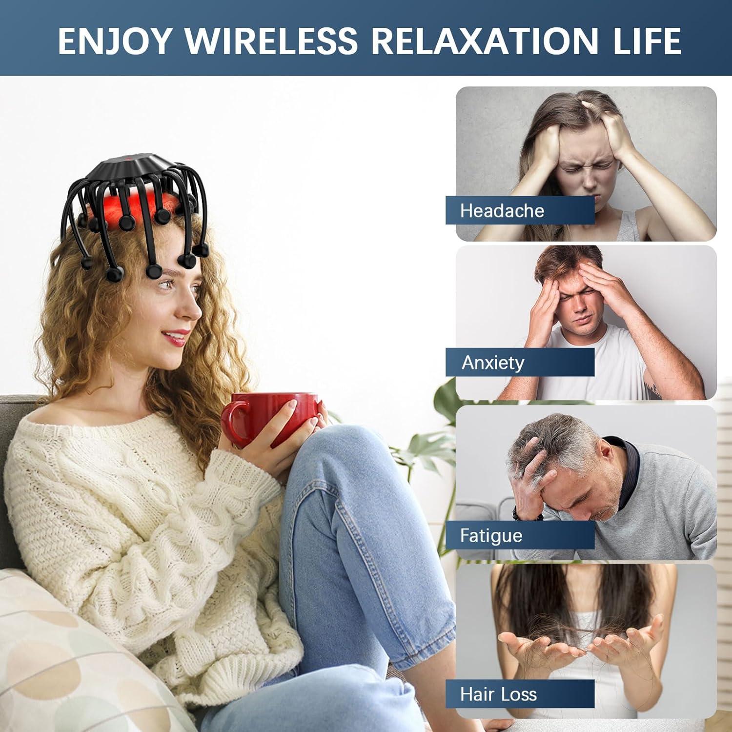 Head Massage Spider - Electric Bluetooth Massager with Red Light 20  Vibration Contacts & 5 Modes for Relaxation & Deep Sleep - Perfect Gift Idea