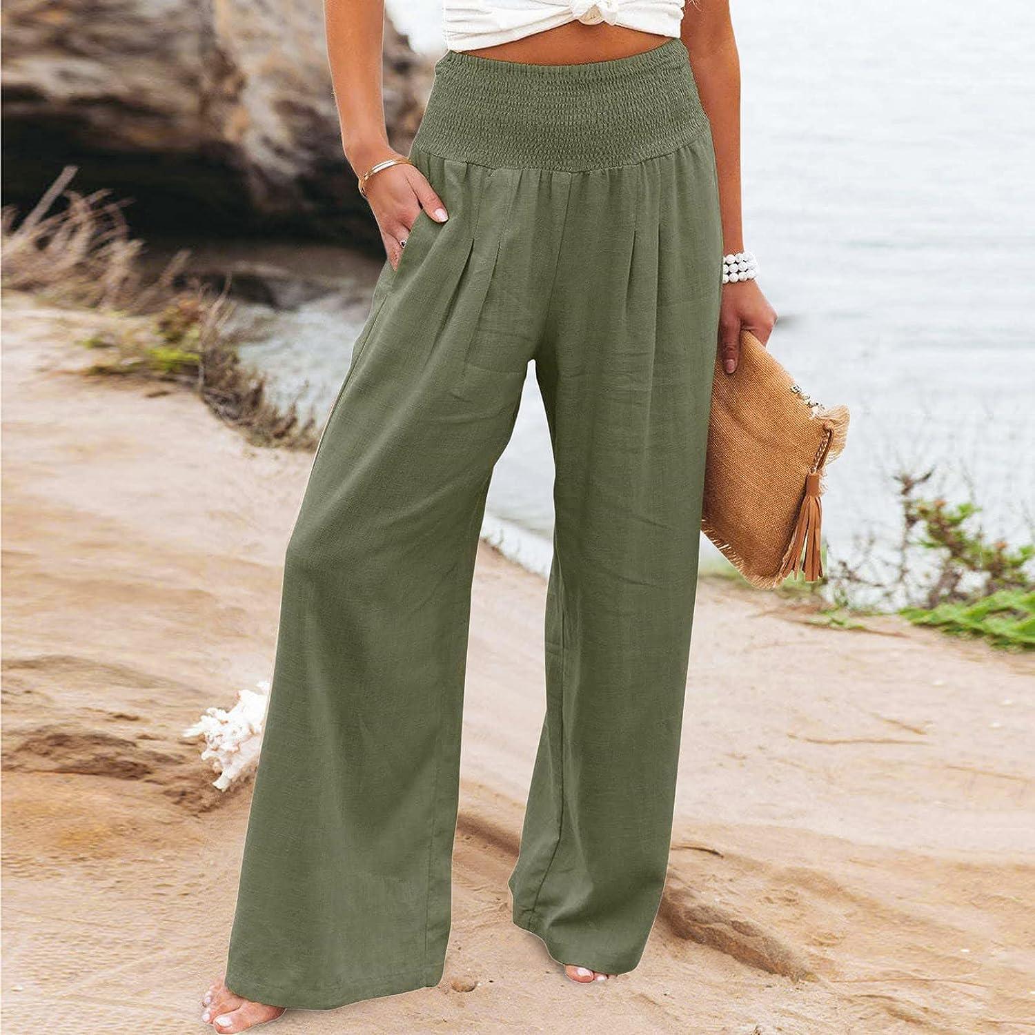 RQYYD Reduced Womens Cotton Linen Pants Casual Plus Size Elastic High Waist  Capri Pants Summer Loose Comfy Wide Leg Crop Pants(Army Green,XXL)