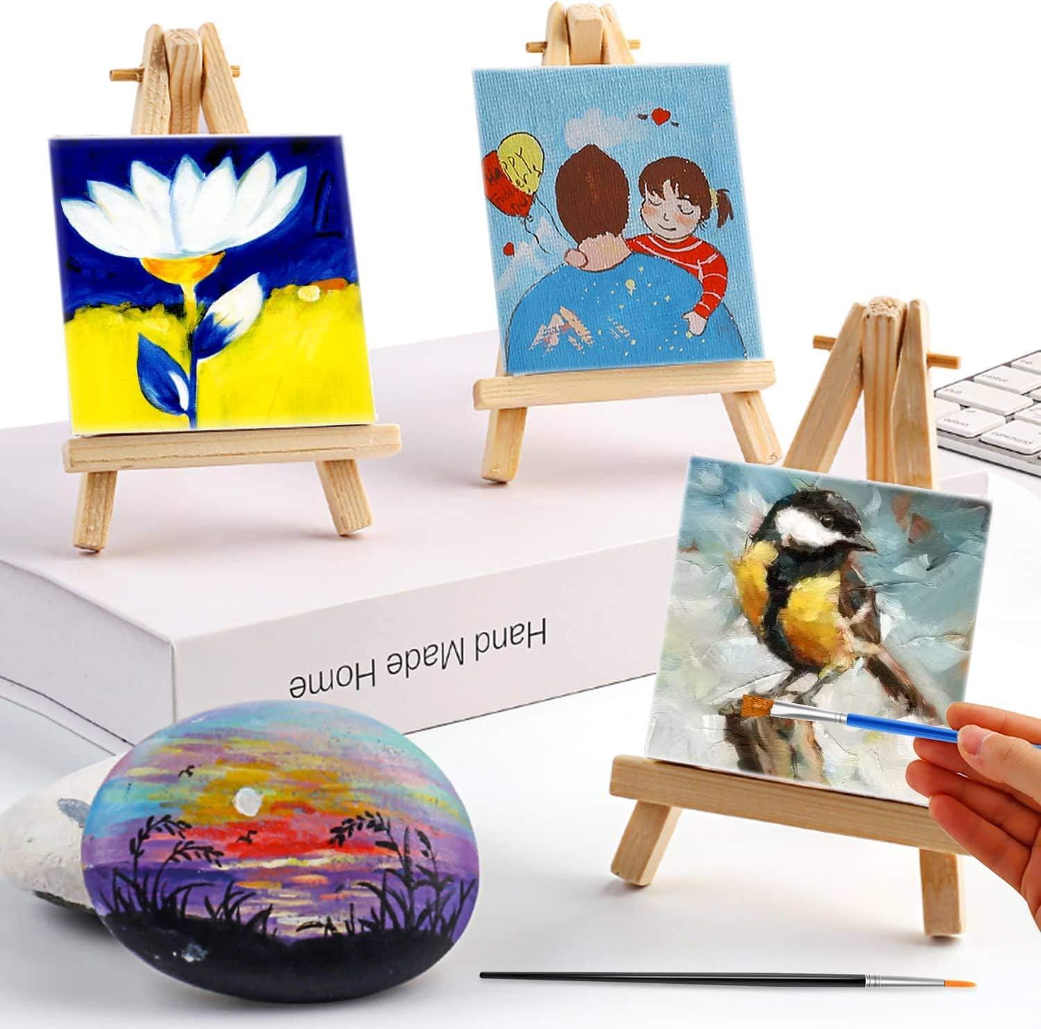 Auihiay 12 Sets Mini Canvases for Painting, Art Canvas Painting Kit with 4  x 4 Inch Mini Canvas and Stretched Easel, Acrylic Paint, Brush, Palette