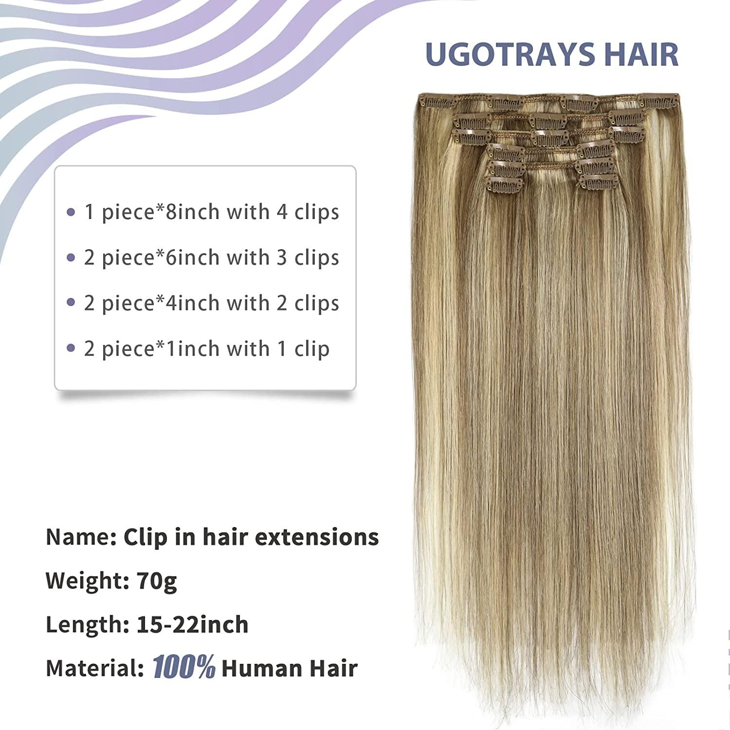 18In Clip In Hair Extensions Ash Blonde with Bleach Blonde 8A Grade Long  Straight Smooth Human Hair Double Weft 100% Real Remy Hair Extension Full  Head 70g7PCS(18In#18p613) 18 Inch #18p613-Ash Blonde with