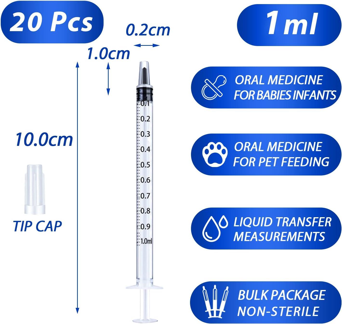 20 Pack 1ml Plastic Syringe with Cap NonSterile No Needle 1cc