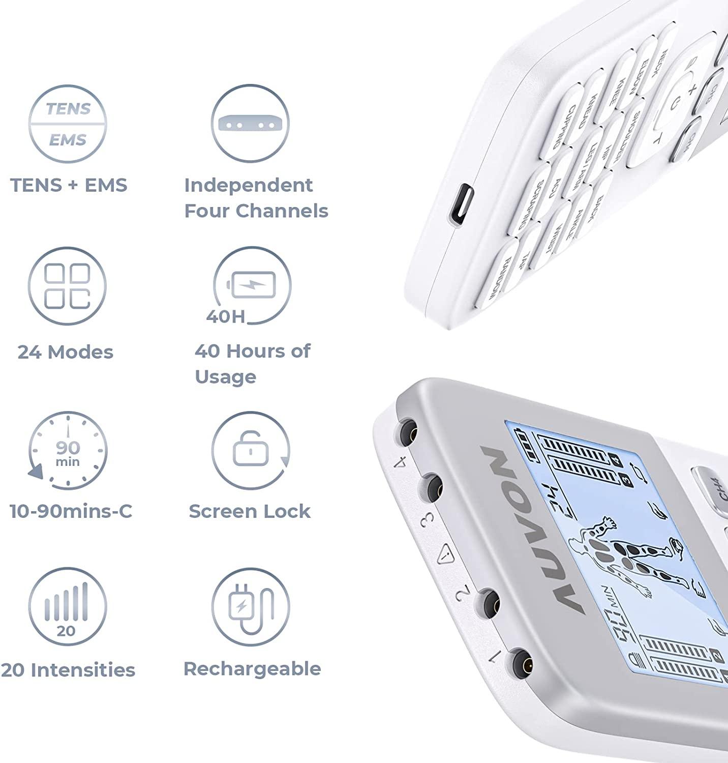 AUVON Dual Channel TENS EMS Unit 24 Modes Muscle Stimulator for Pain  Relief, Rechargeable TENS Machine Massager