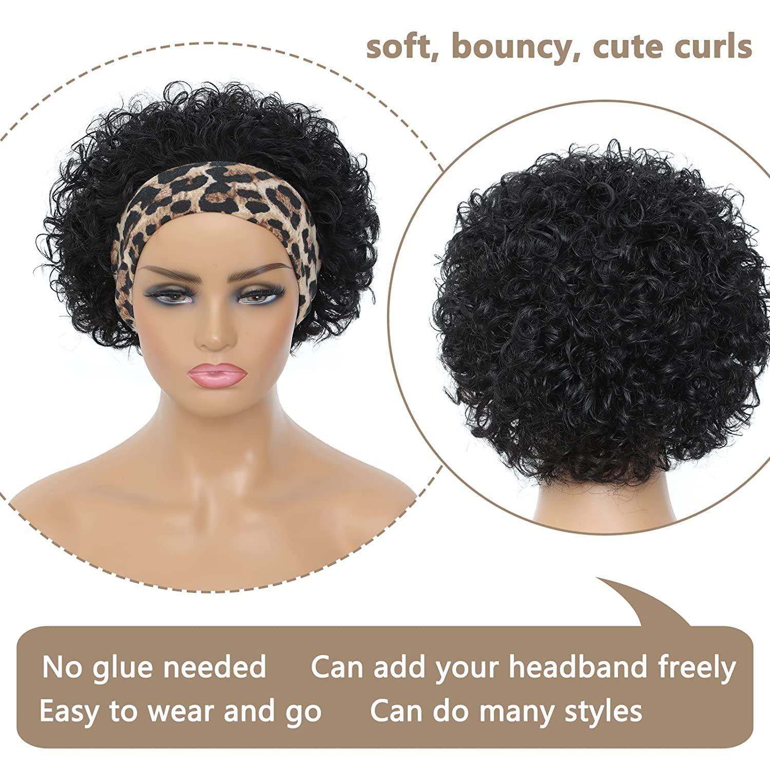 Short Curly Headband Wig Human Hair for Black Women Pixie Cut Curly Bob Wig  Glueless Half Wigs 150% Density Natural Black 6 Inch… 6 Inch 1B