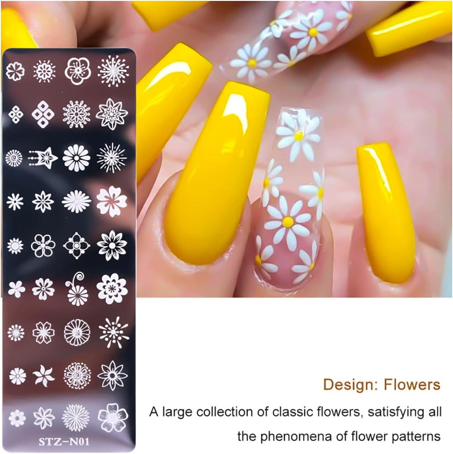 SILPECWEE 8 Pieces Nail Stamping Plate Flower Leaf Holiday Nail Stamps Nail  Art Stencils Stamping Plates For Nails Manicure Stamping Kit Simple Style 1