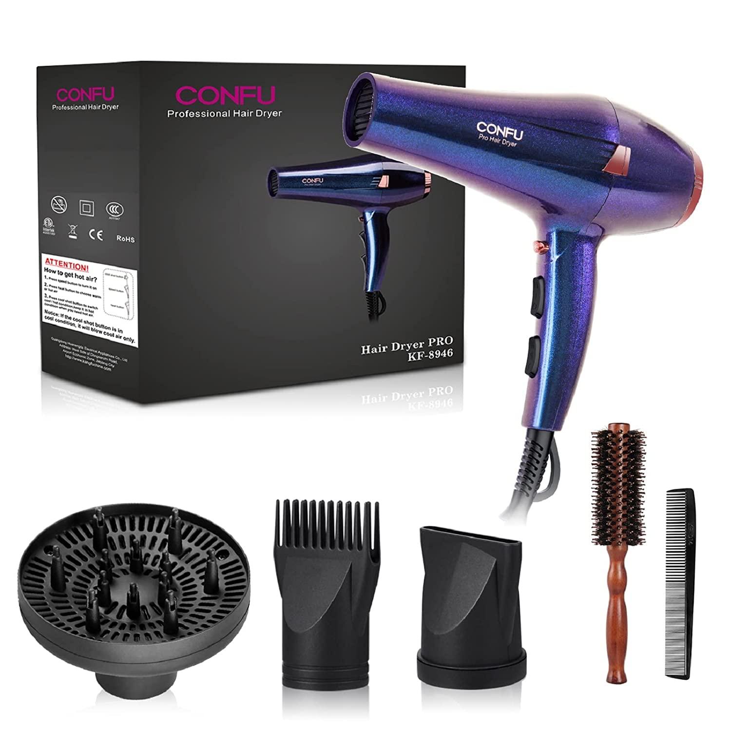CONFU 2200W Professional Hair Dryer, Compact Blow dryer, Negative ionic Hair  Dryer With Diffuser And Concentrator, For Quick Drying, ETL Certified,  Purple