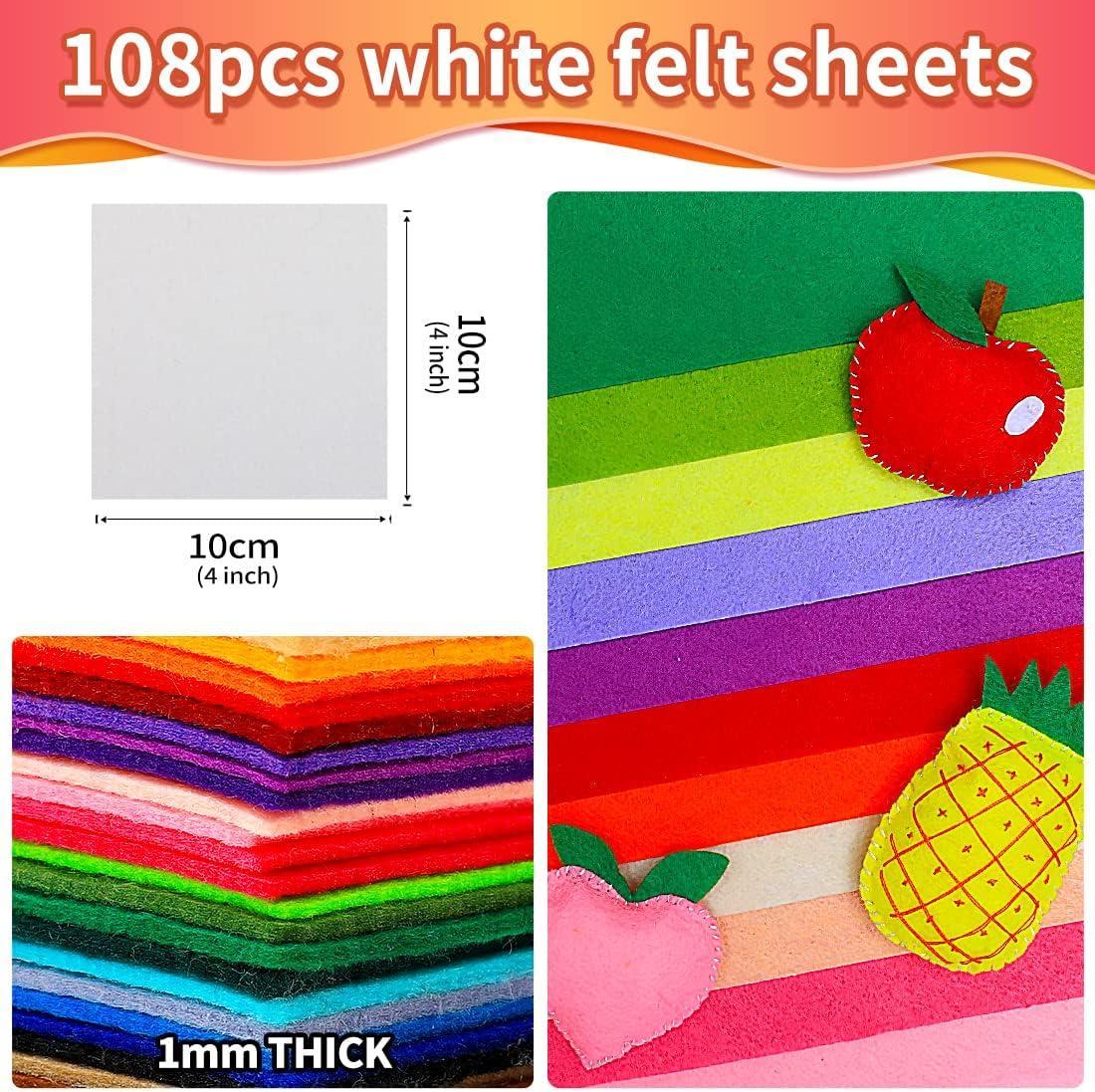 IOOLEEM White Felt Sheets 108pcs 4'x4' (10 cm x 10 cm) Pre-Cut Felt Sheet  for Crafts Craft Felt Fabric Sheets Sewing Felt Squares for Patchwork.  Plain 4x4 inches (10x10cm) White