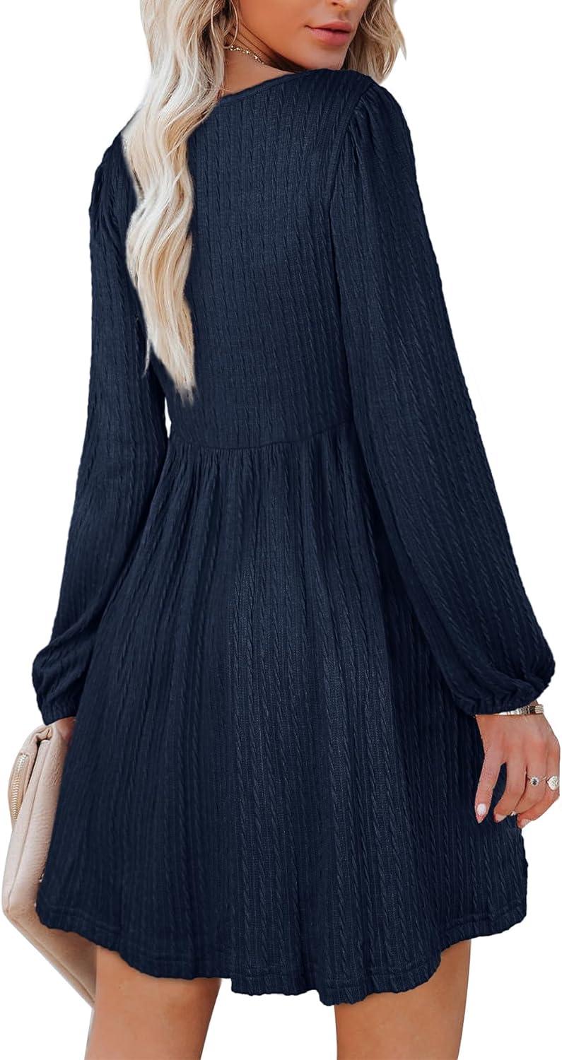 Aokosor Long Sleeve Square Neck Knit Dress | Knee Length Babydoll Dress in  Light Blue | Buy Now with Express International Delivery | GoSupps.com