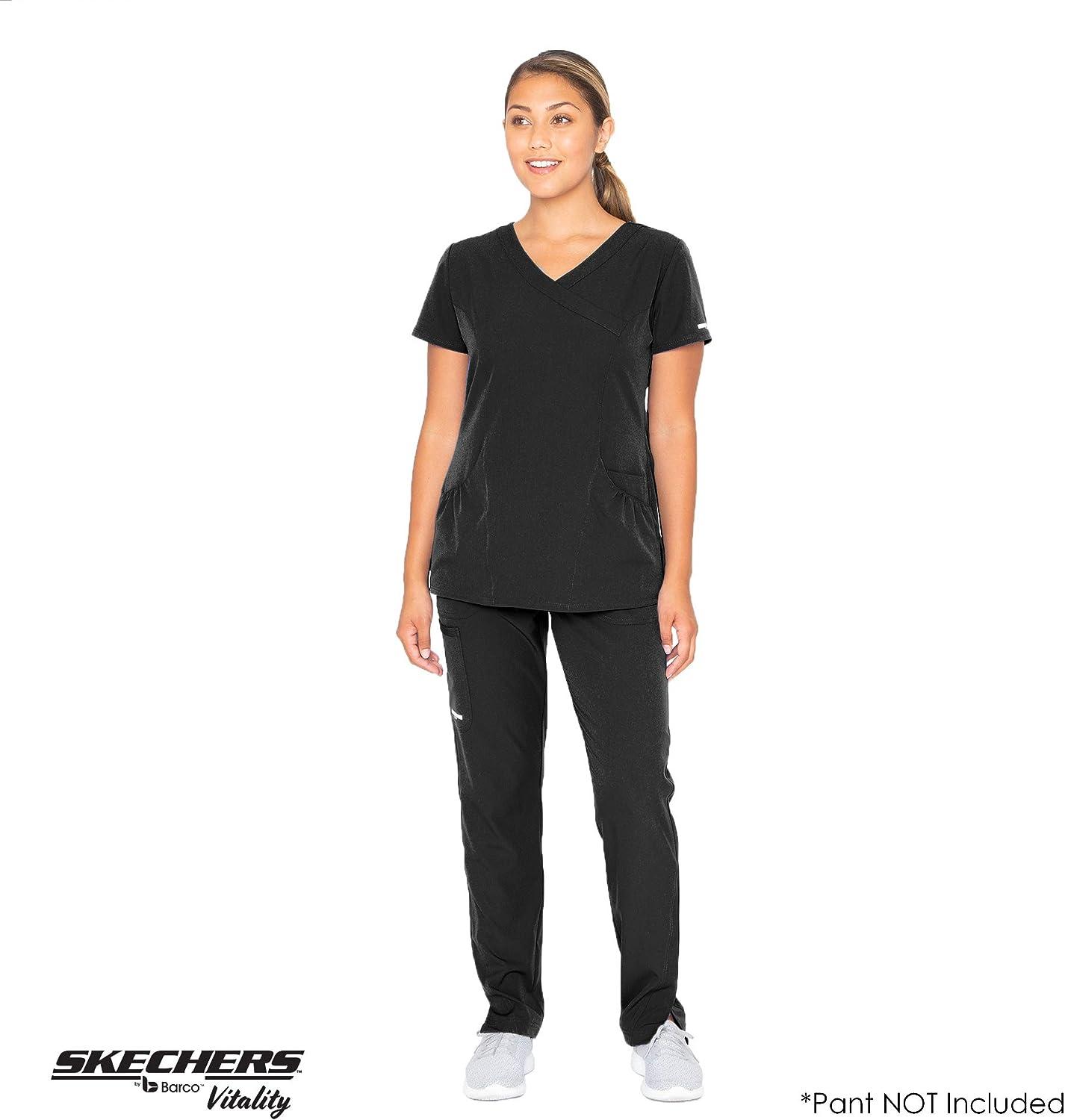 BARCO Skechers Vitality Charge Scrub Top for Women - V-Neck Medical Top  4-Way Stretch Women's Scrub Top Large Black