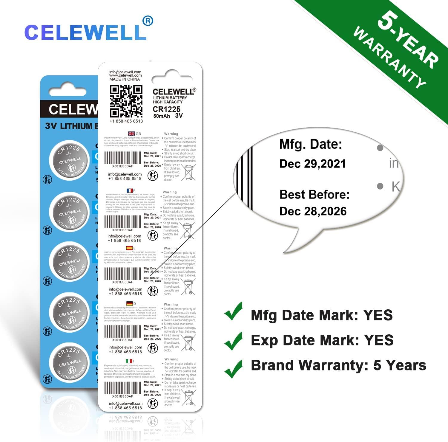5Year Warranty CELEWELL 5 Pack CR1225 3V Lithium Battery