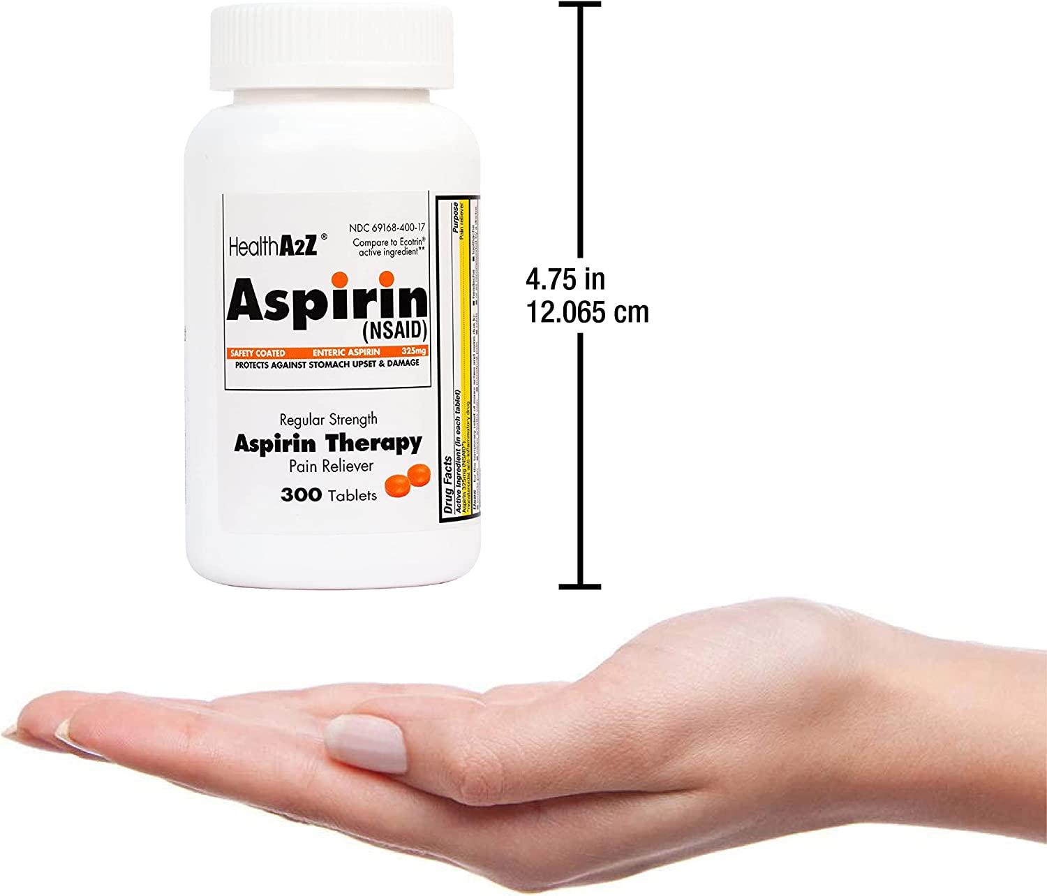 HealthA2Z Aspirin 325mg 300 Counts Regular Strength Orange Safety Coated Tablets Enteric
