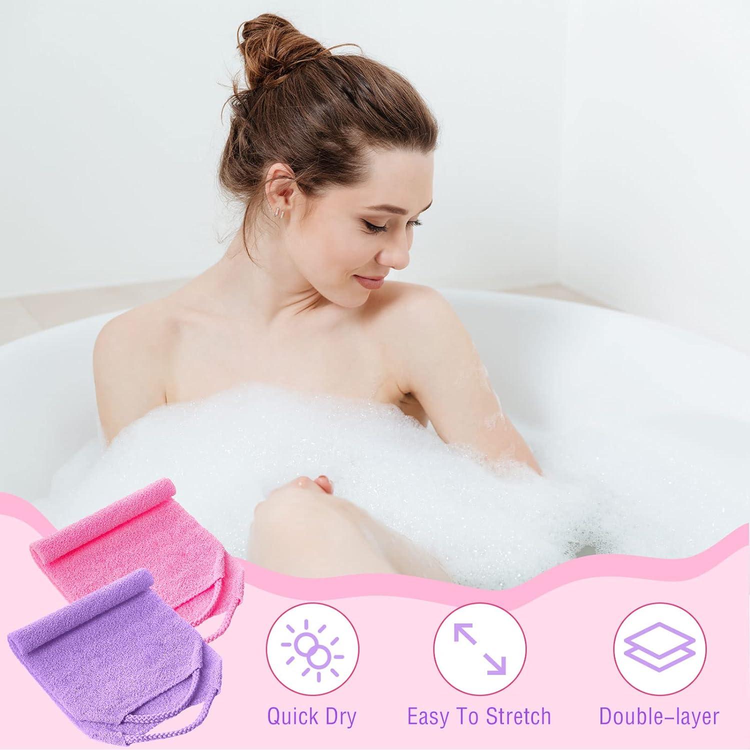 Back Scrubber for Shower Exfoliating Washcloth Back Cloth Body Extended  Length Scrubber Towel Nylon Exfoliating Stretchable Pull Strap Wash Cloth  for Bath Body Scrub Washcloth 2 Pack (Pink Purple)