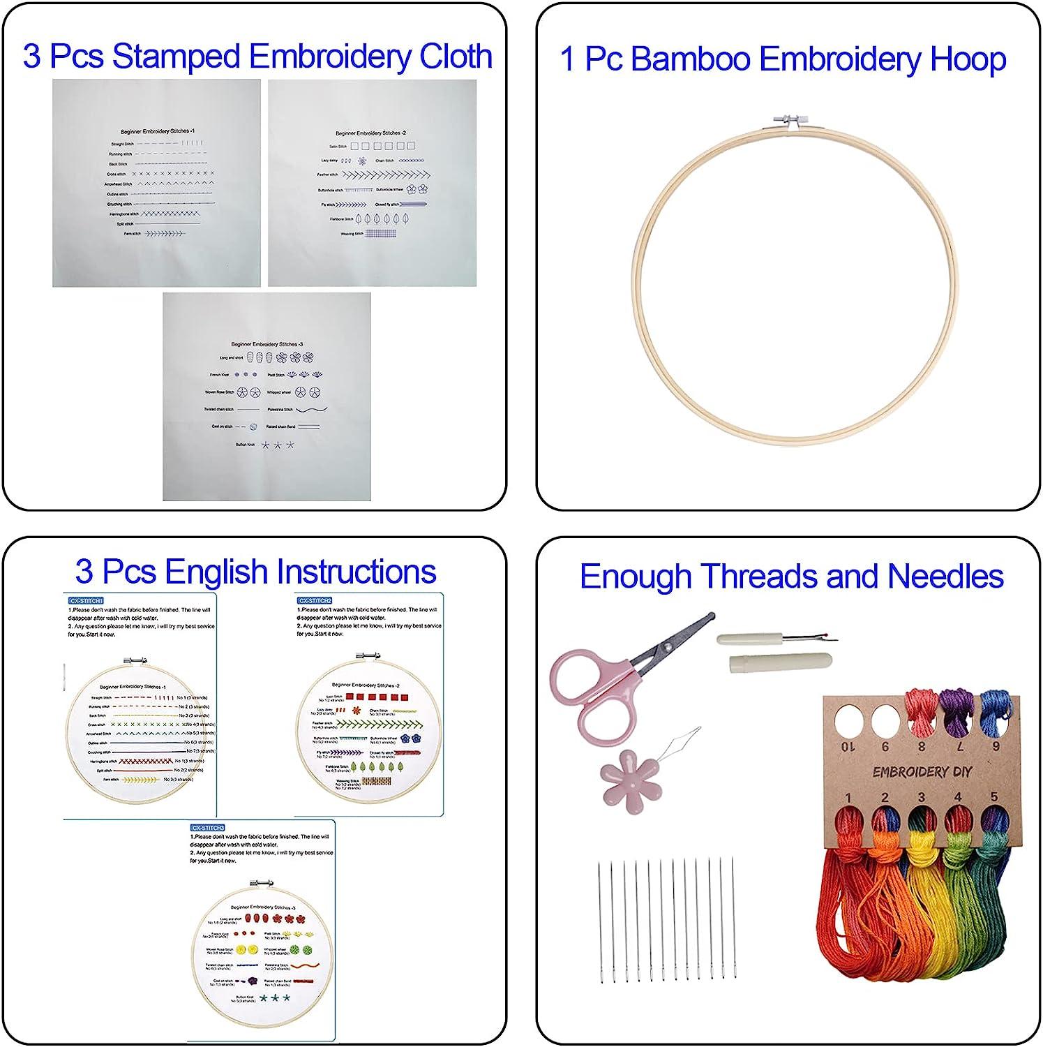 chfine 3 Sets Embroidery Stitches Practice Kit, Learn 23 Different Stitches Embroidery Kit for Beginners with Hoop Tools & Videos for DIY Craft