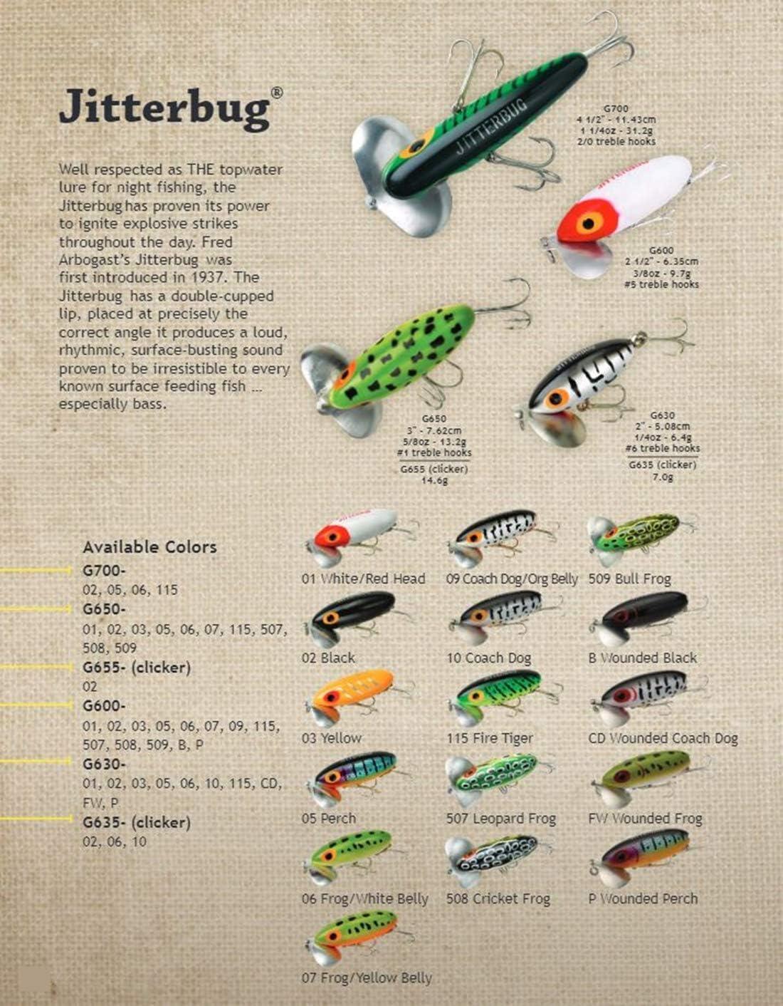 Arbogast Jitterbug Topwater Bass Fishing Lure - Excellent for Night Fishing  G630 (2 in, 1/4 oz) Wounded Perch