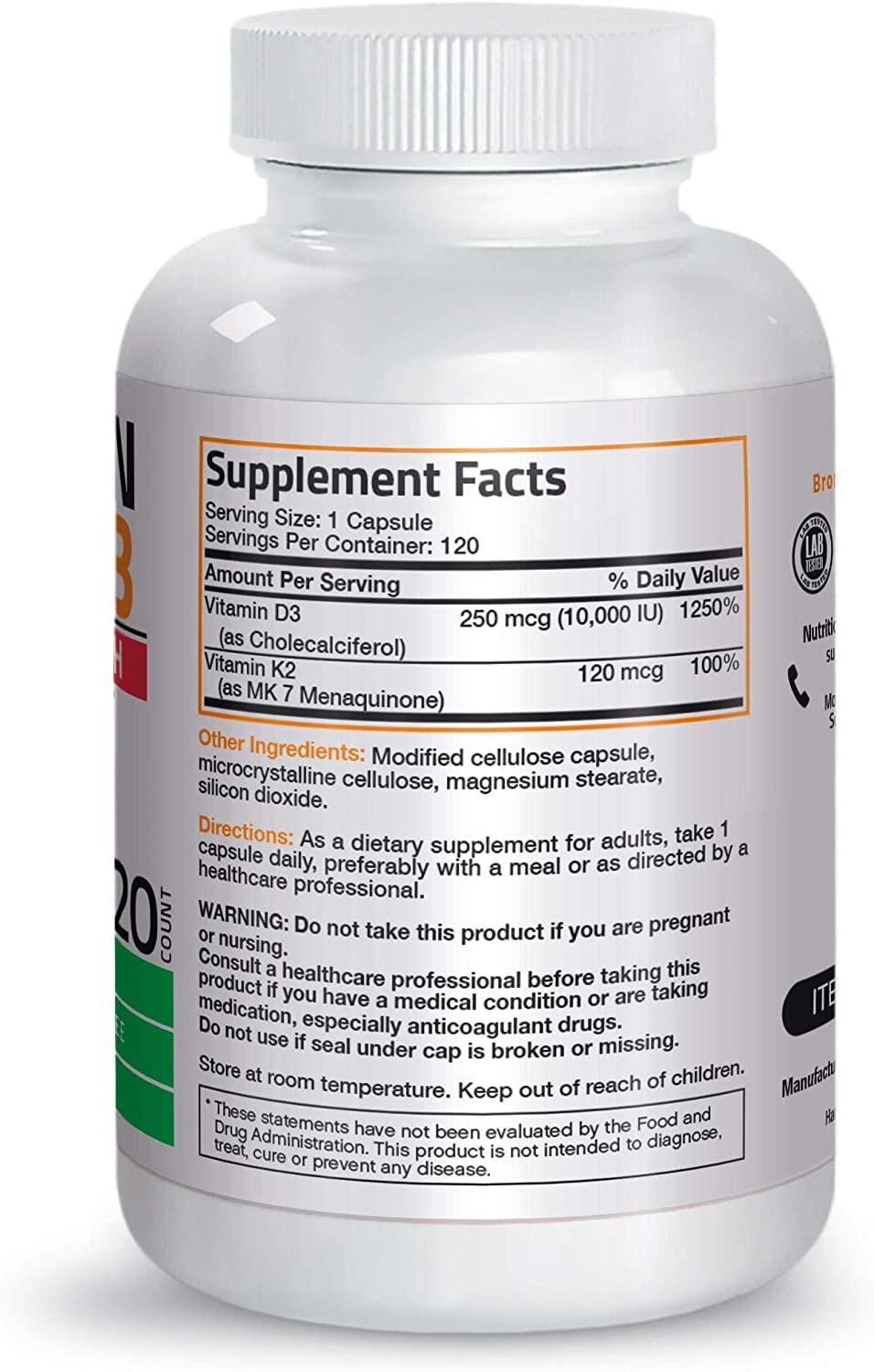 Bronson Vitamin K2 (MK7) & D3 Extra Strength Supplement 10,000 IU