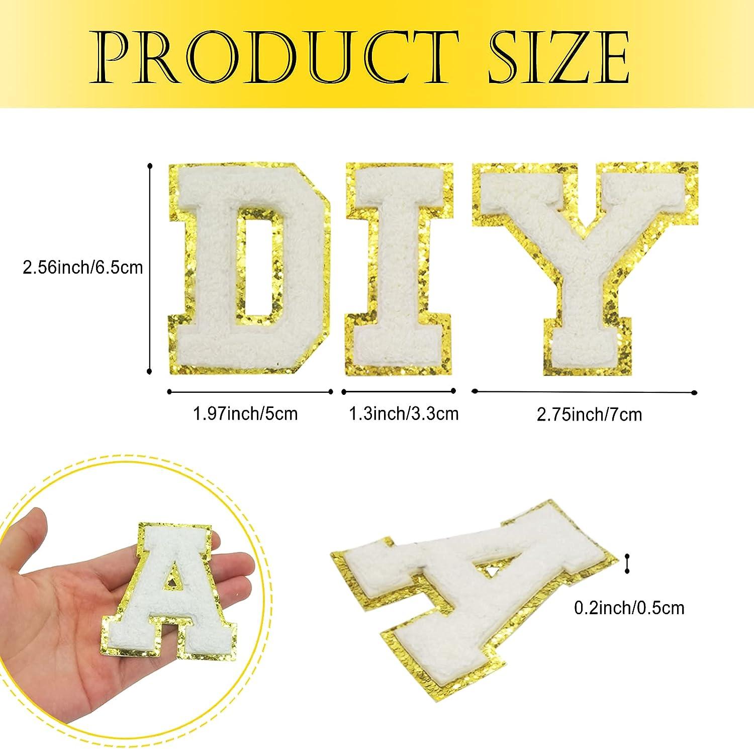 TrendyChic 26 Pieces Self Adhesive Chenille Letter Patches,Iron On Letters  A-Z Stoney Clover Patches,Varsity Embroidered Gold Glitter Border Alphabet  Patches for Clothing DIY Craft (White, 2.56 Inch)