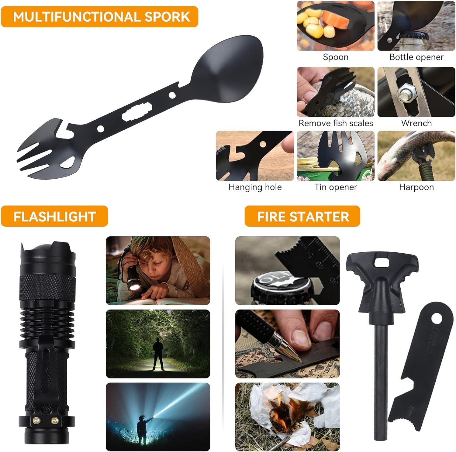 WONCROW ® Complete Survival Kit First Aid Equipment- Multi Tool Kits for Camping Military Gear Emergency Blanket Outdoor Lights Fishing Accessories Rod Fire Starter Gadgets Gifts Men Survival Tools
