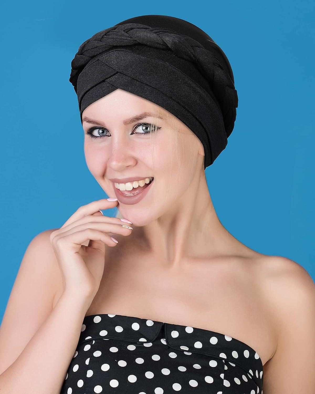 4 Pezzi Turbanti Africani Con Perline Per Donna - Foulard In Cotone Con Treccia E Perle Finte - Multicolore Taglia Unica 58 Cm - 3