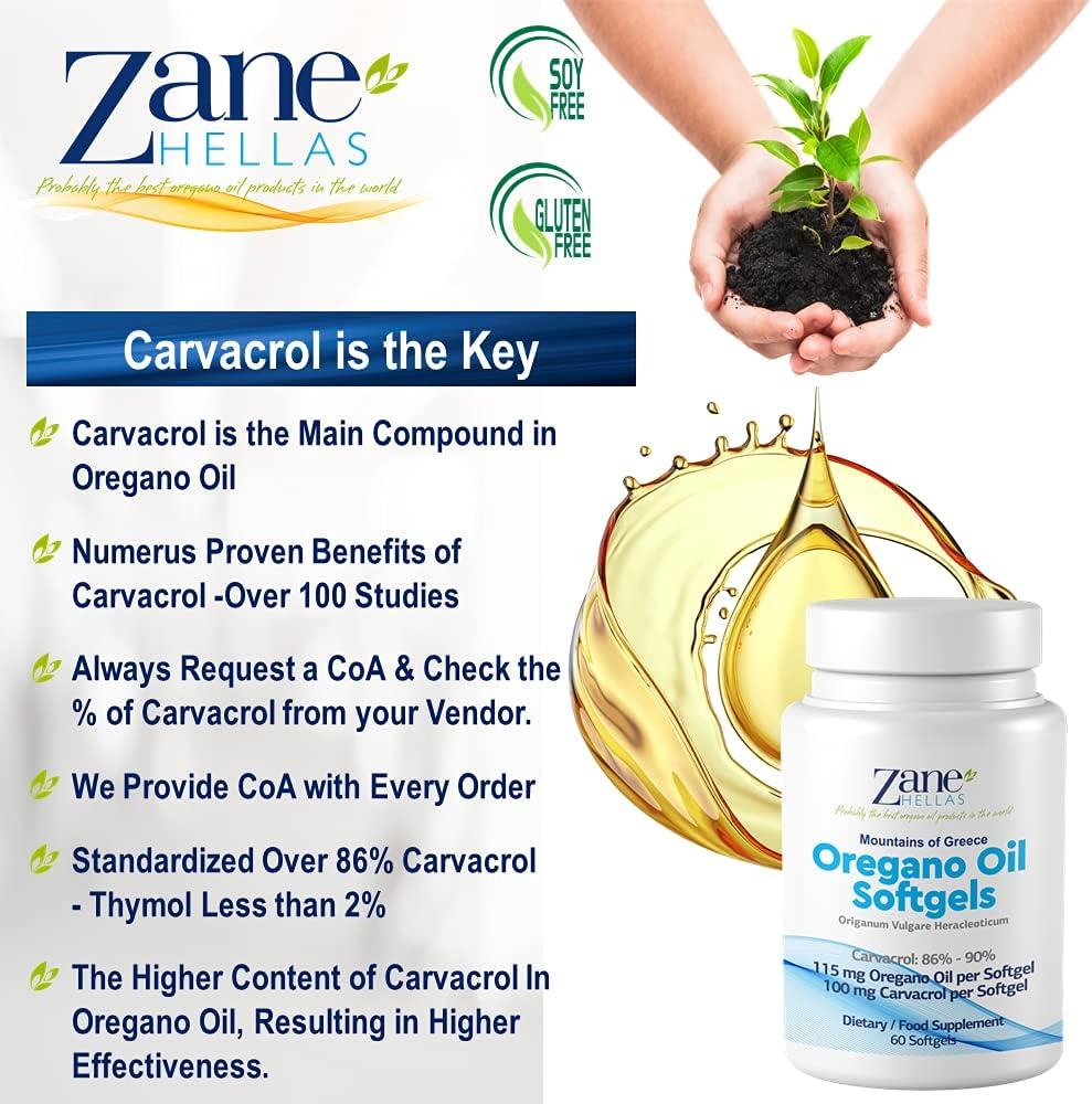 Zane Hellas Oregano Oil Softgels Extra Strength with 20 Greek Essential Oil, 100mg Carvacrol