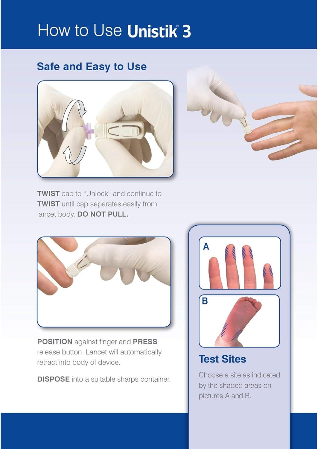 Unistik 3 Comfort Safety Lancet Fixed Depth Lancet Needle 1.8 mm Depth