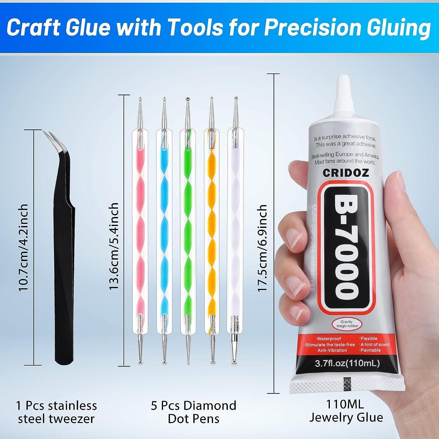 B7000 Jewelry Glue for Rhinestones, Clear Glue Adhesive with Precision Tips  Crafts Glue for Fabric with Dotting Stylus and Tweezers for Fabric,  Glasses, Metal and Stone, 0.9 fl oz, 2 Packs 