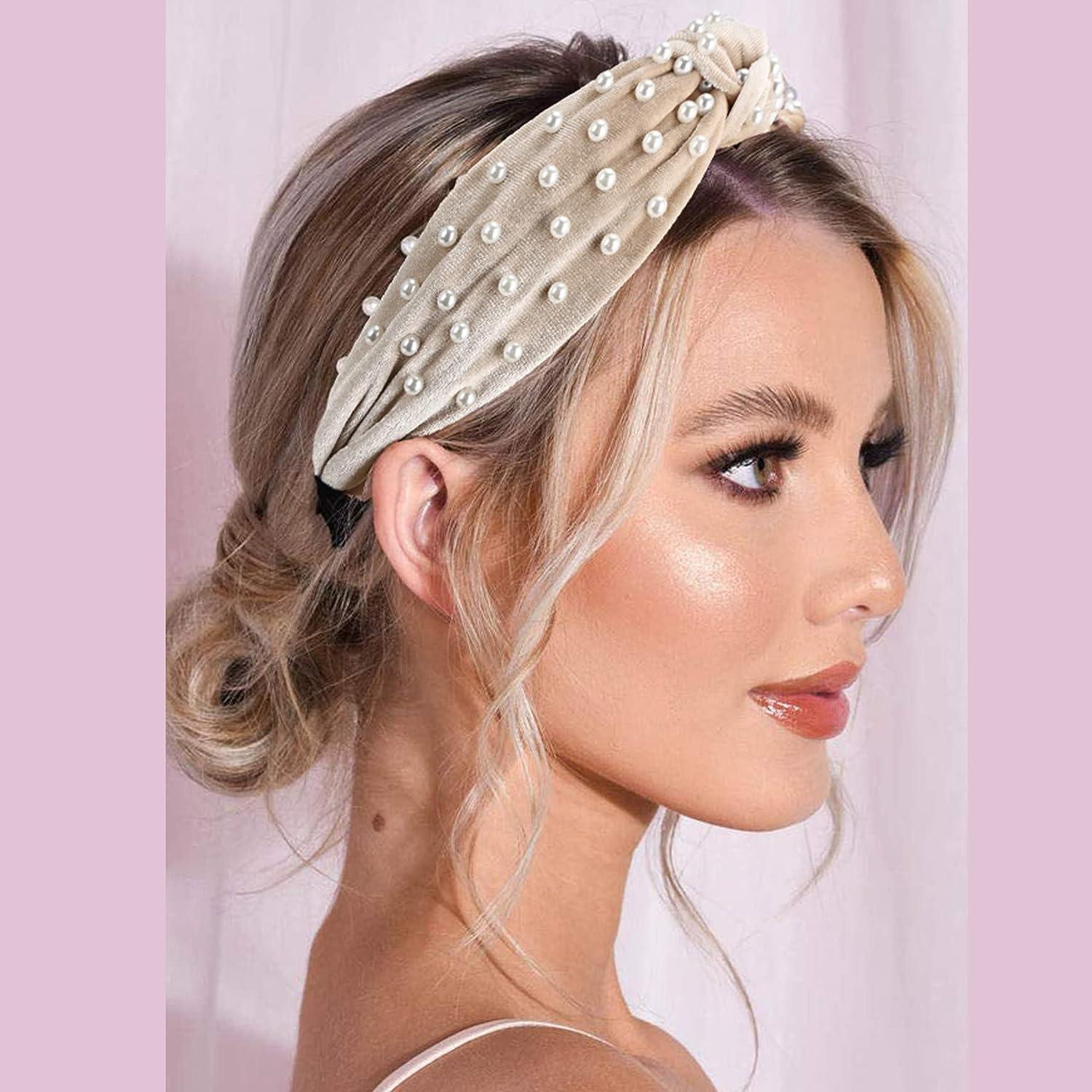 Makone Pearl Wide Headband for Women Velvet Vintage Hairband for