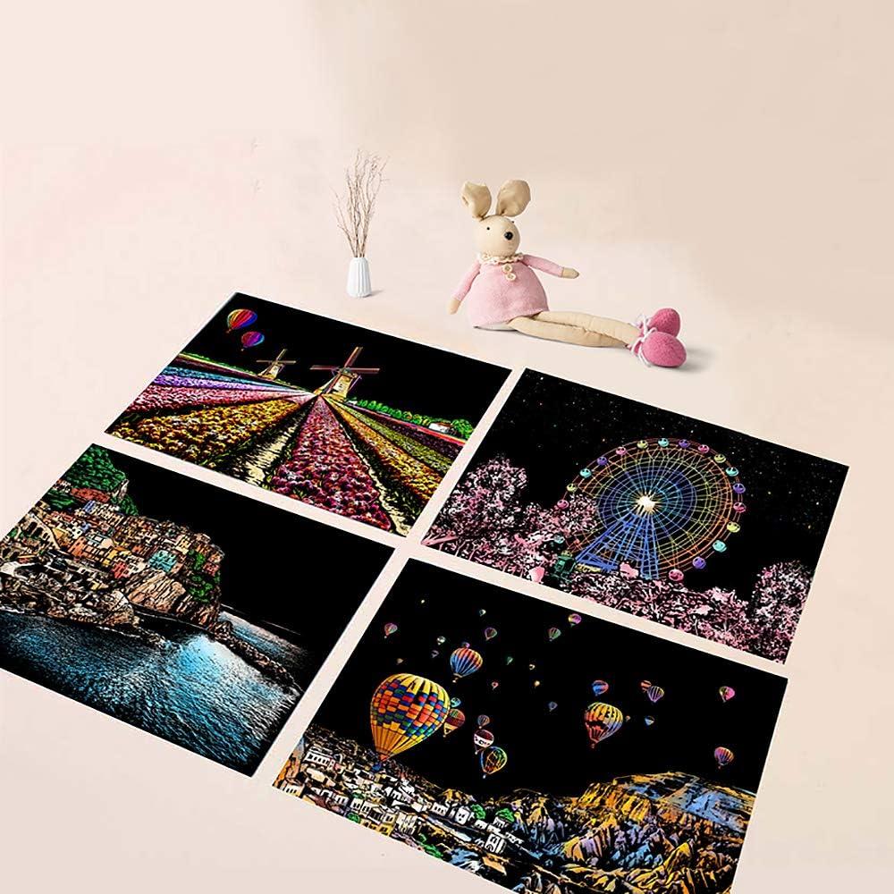 Set Gratta E Dipingi Arcobaleno A4, 4 Fogli Con Penna E Pennello, Paesaggi Noti (Torre, Italia, Brasile, Praga)