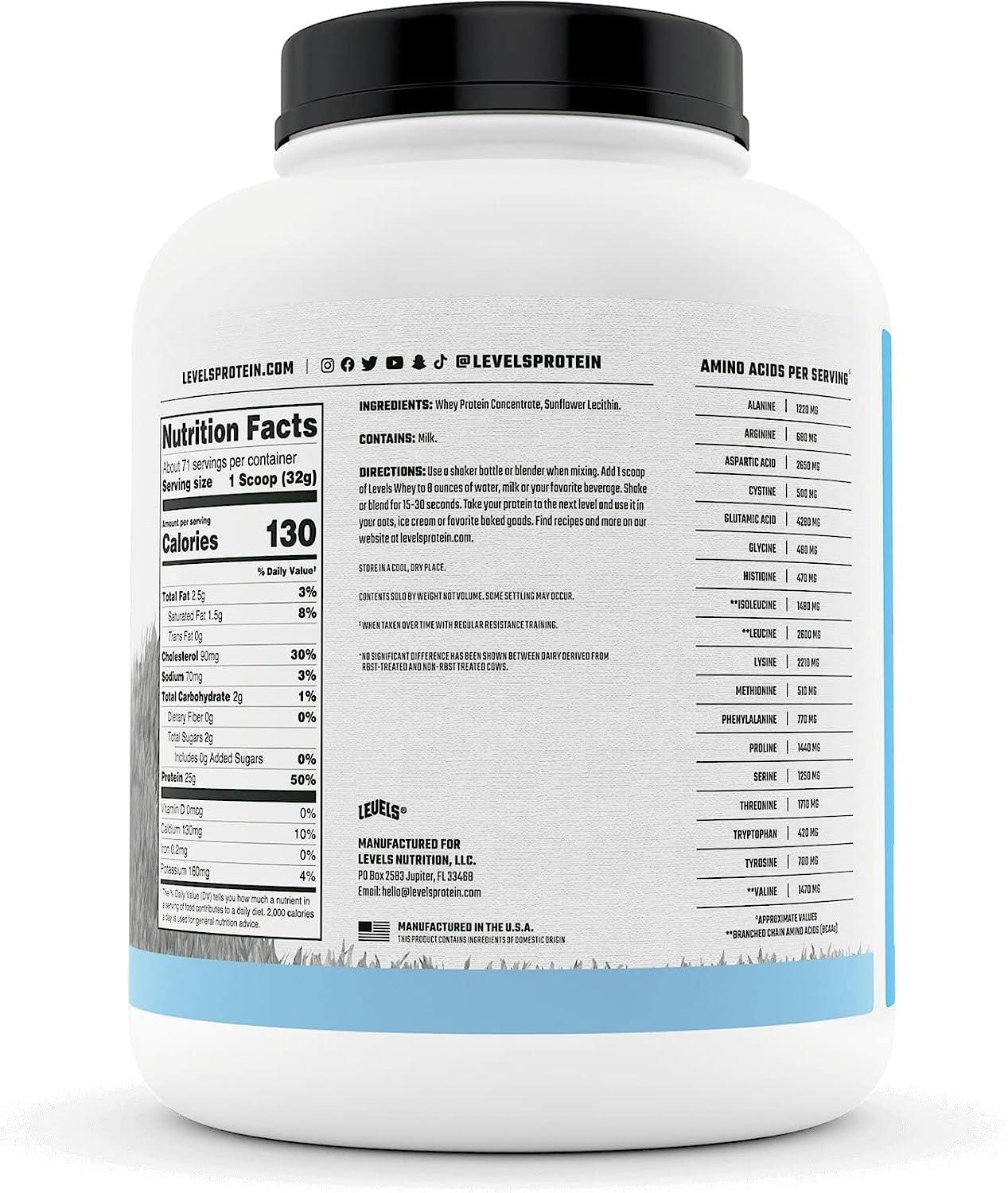 Levels Grass Fed 100 Whey Protein 5LB Unflavored, No Hormones, 5