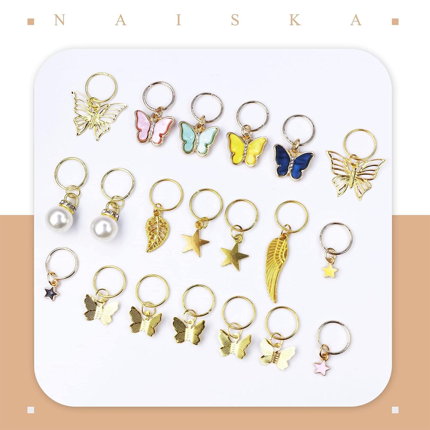 Naiska 20pcs Gold Butterfly Braid Clips Pearl Shiny Hair Dreadlock Accessories Colorful Butterflies Pendant Crystal Dreadlock Charms Star Braid