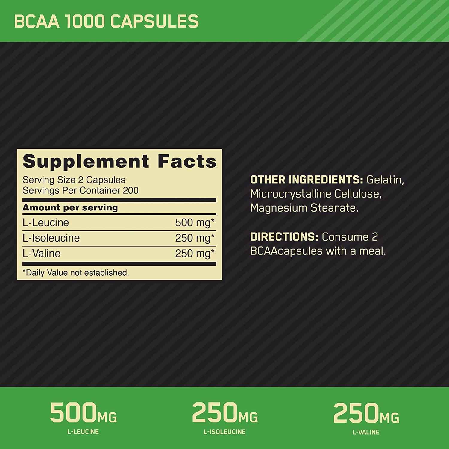 Optimum Nutrition BCAA Capsules 1000mg 400 Count Keto Friendly