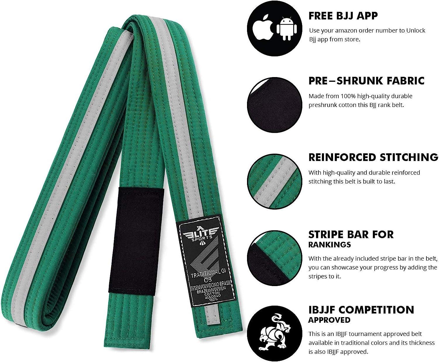 Elite Sports Kids BJJ Belt Green/White Pro Rank Jiu Jitsu Belt