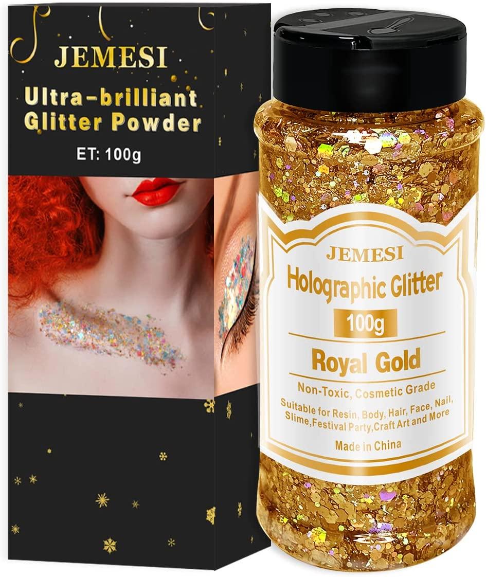 Holographic Chunky Glitter, 100g Royal Gold Cosmetic Craft Glitter for  Epoxy Resin, Nail Sequins Iridescent Flakes, Body, Face, Hair, Nail,  Glitter Slime Making