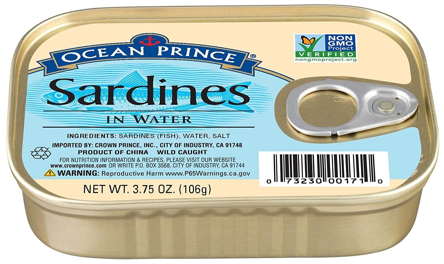 Ocean Prince Sardines In Water - Pack Of 12 Cans, 3.75 Ounce Each, Wild-Caught, Non-GMO Verified