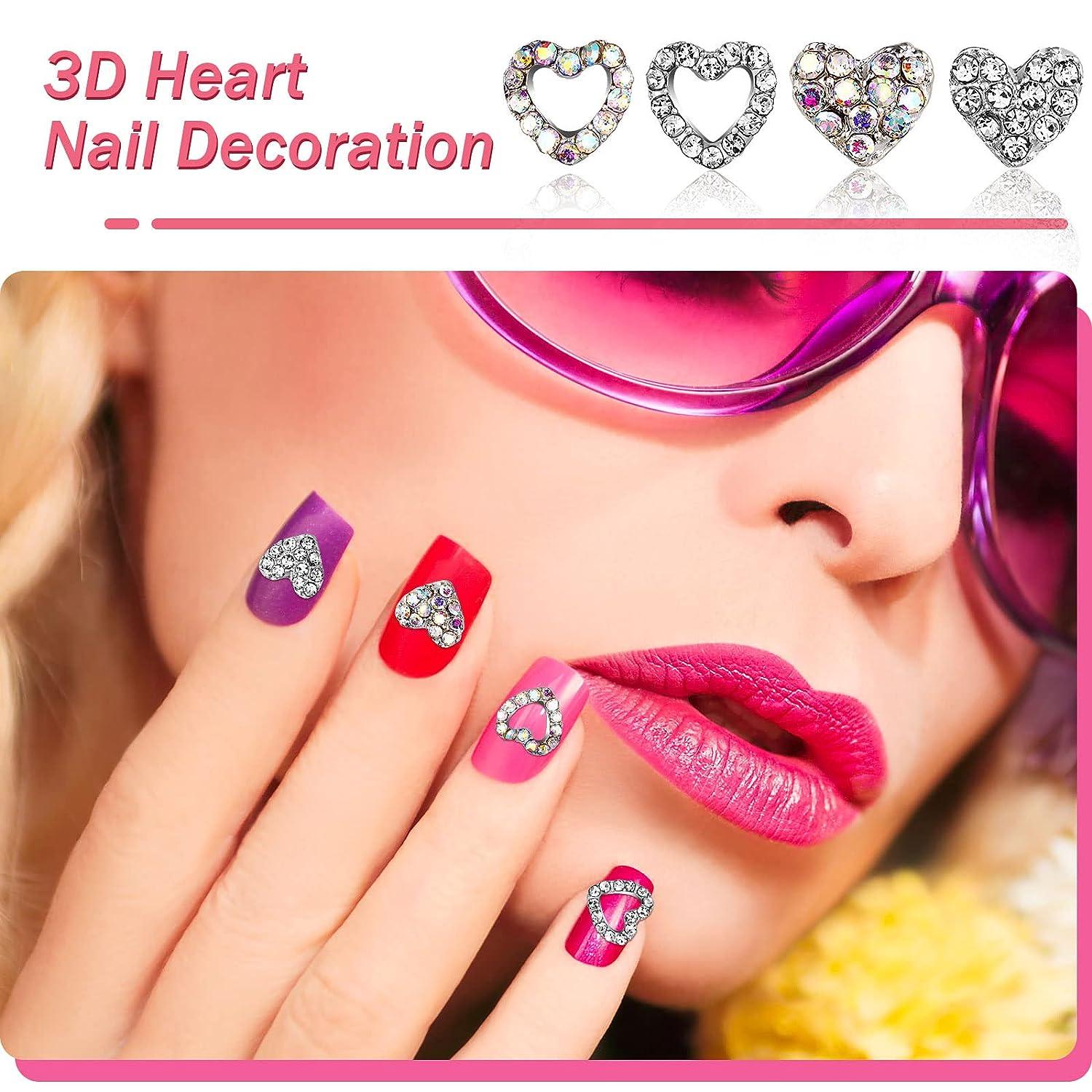Leelosp 36 Pieces Valentines Day Nail Charms 3D Heart Nail Charms for Nail  Heart Nail Rhinestone Decals Love Crystal Nail Charms Diamond Alloy Nail