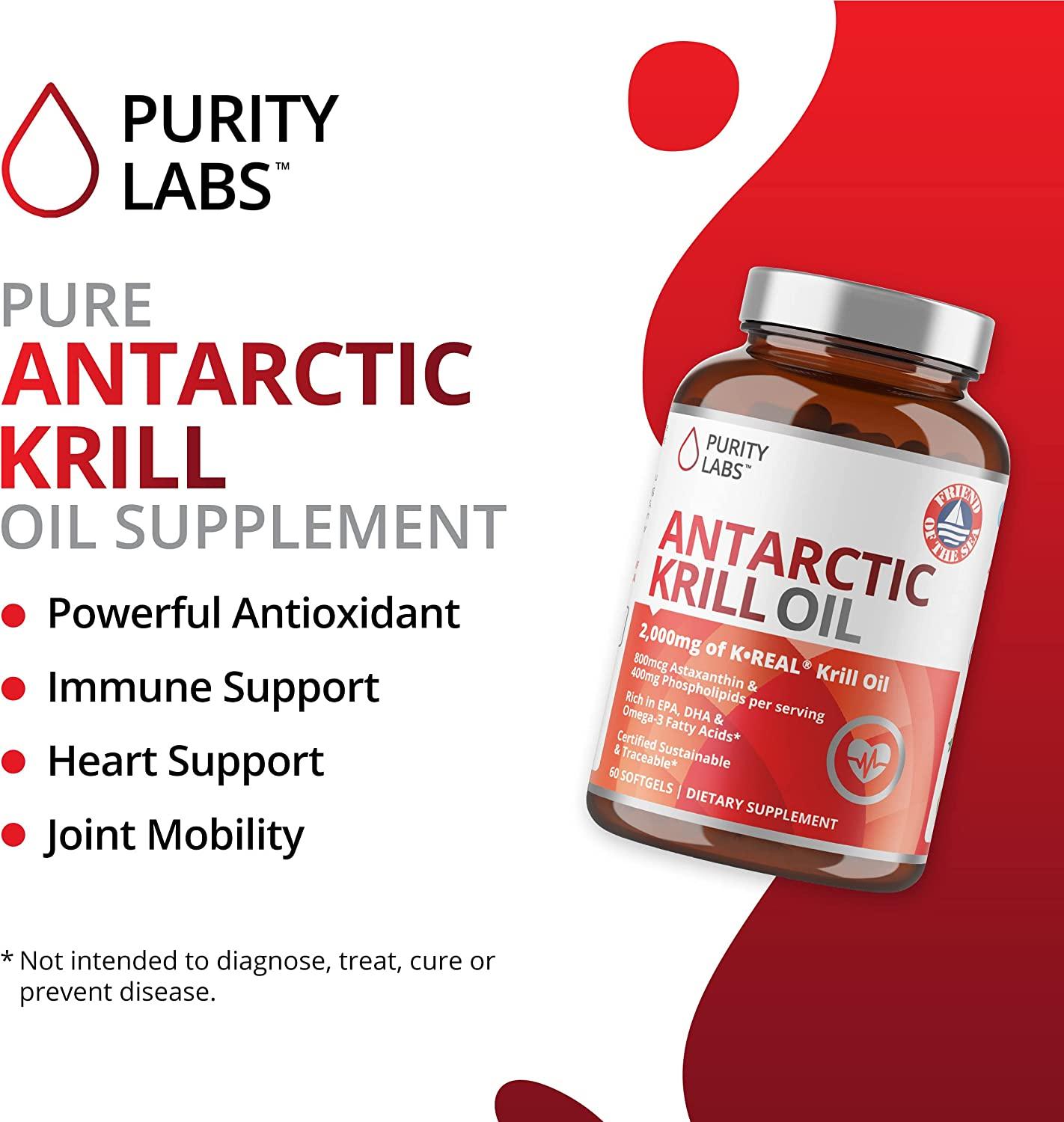 Purity Labs Antarctic Krill Oil Vegan Supplements for Memory, Heart