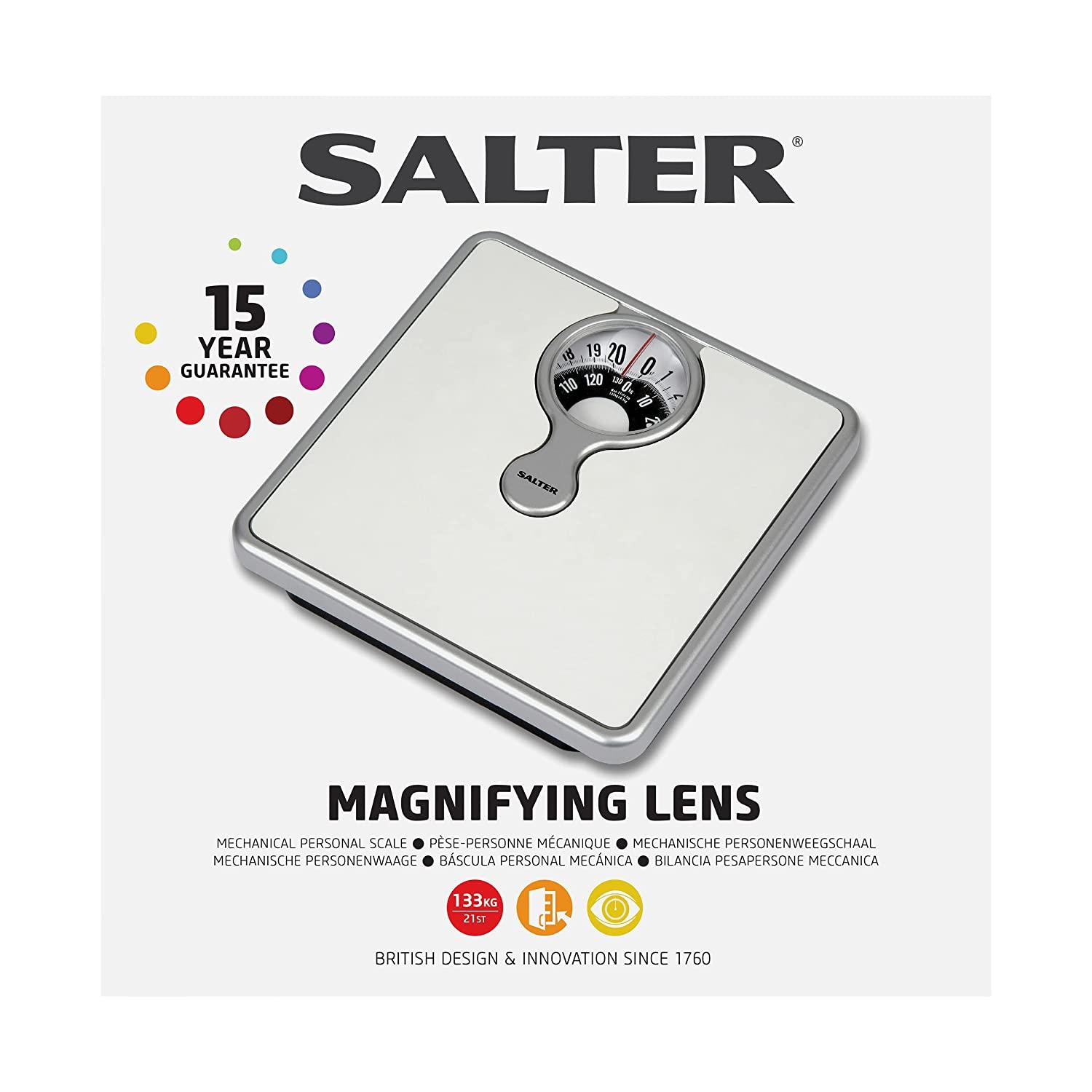 Salter 484 WHDR Magnified Mechanical Scales, 133 kg Maximum Capacity, Compact Design, Magnifying Lens, Bathroom, Easy to Read Dial, Cushioned, No