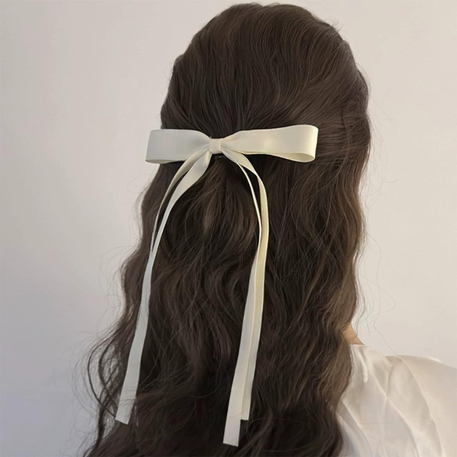 Ayesha Hair Bows for Women Girls Ribbon Bows Hair Clips Long Tail Ribbon  for Hair Tassel Bow Barrettes Hair Accessories for Women Girls  4pcs(Black&Beige)