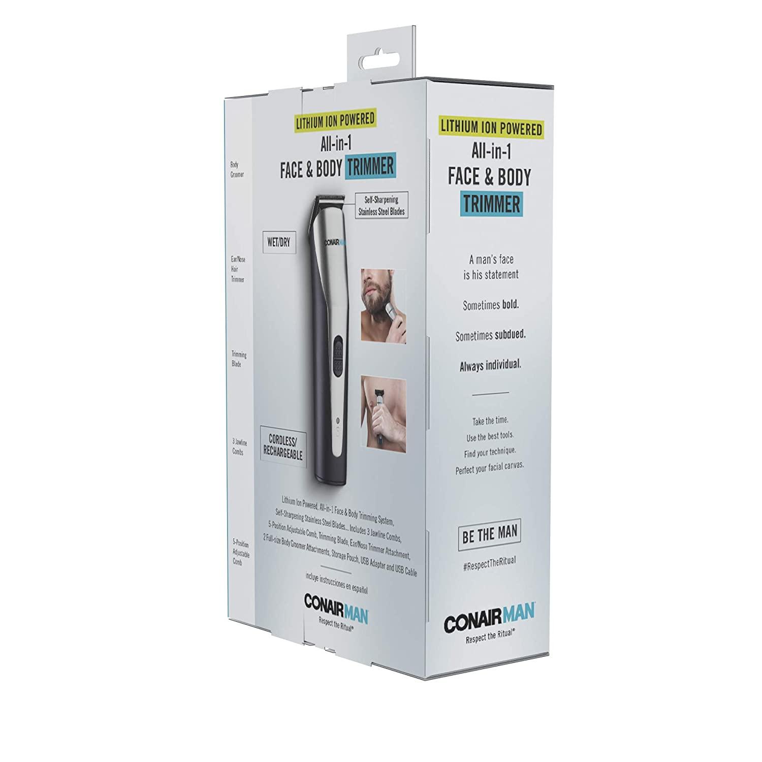 ConairMAN Cordless Lithium Ion Powered Allin1 Beard & Body Trimmer for Men Beard Trimmer and