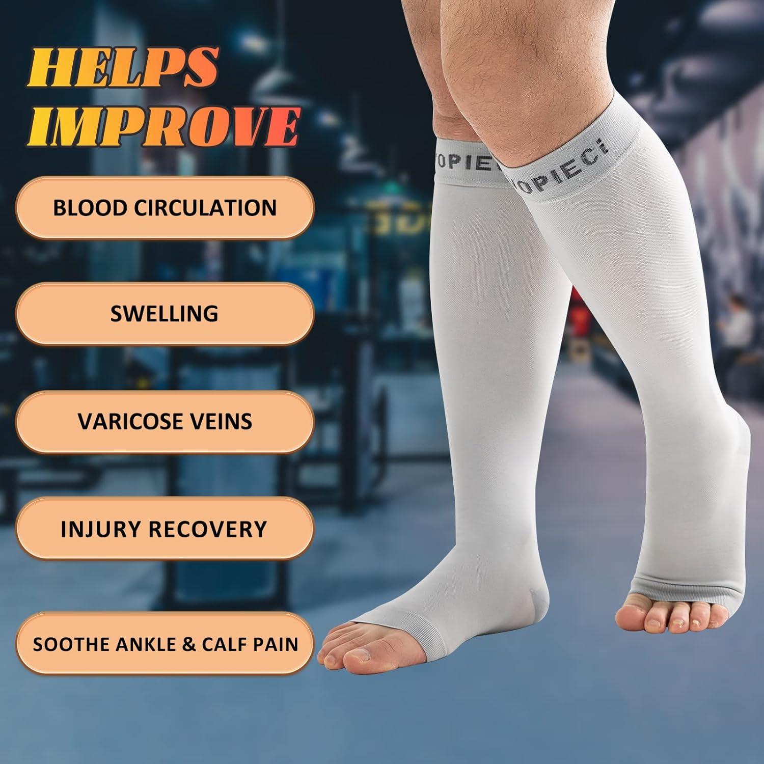 Doc Miller Open Toe Compression Socks, 20-30 MmHg, Toeless Compression Sleeves For Legs, Knee High Stockings For Shin Splints, Varicose Veins, Travel, Calf Support & Muscle Recovery, Men & Women, Pair