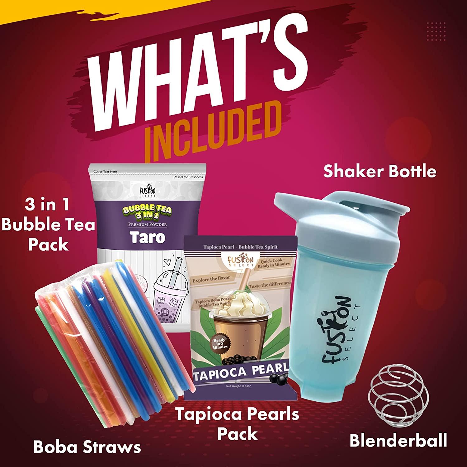 Fusion Select DIY Bubble Tea Kit Taro Flavor XL Boba Straws Shaker Bottle 2 Packs Quick Cook