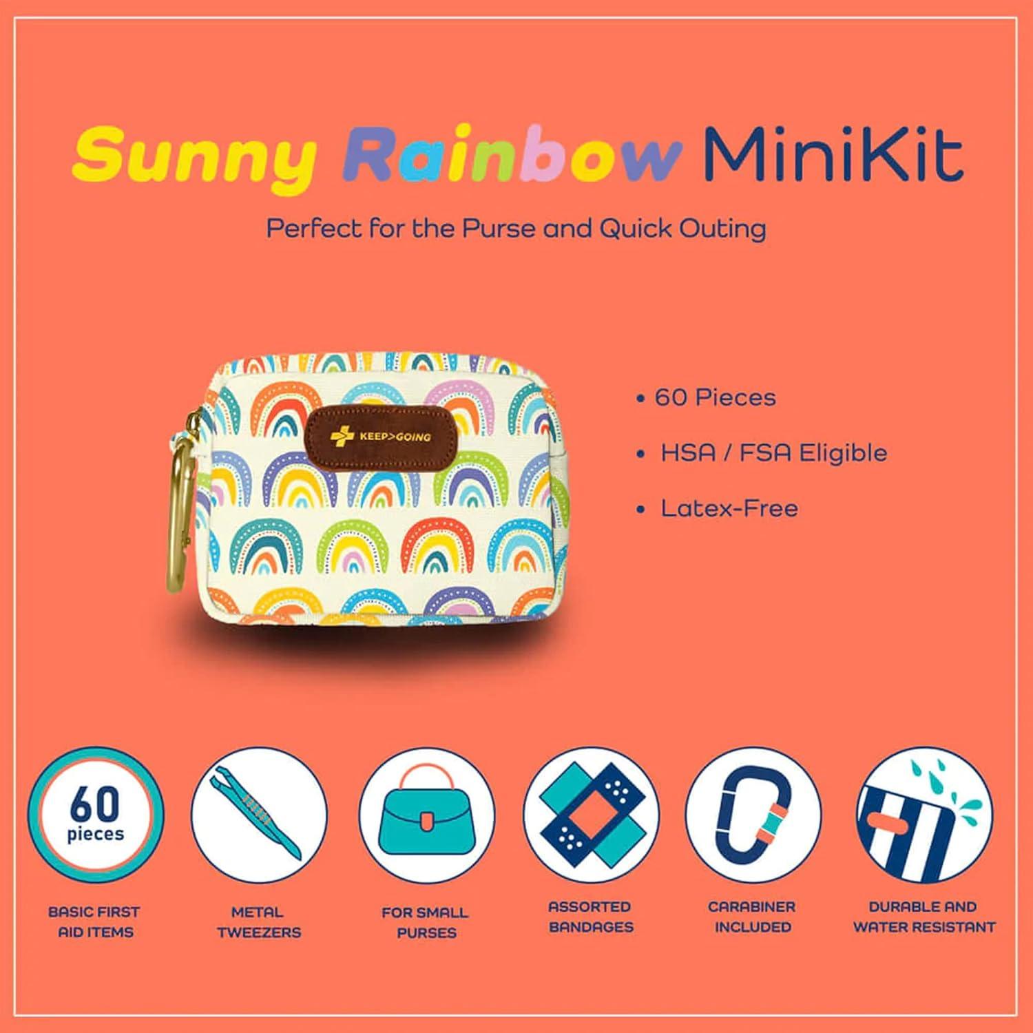 KeepGoing Small Travel First Aid Kit Kids 60 Pc. Mini First Aid Kit for  Purse Diaper Bag & Backpack with Latex-Free Bandages 4 Oz & 4.5 x 3.5 x 2  in TSA-Approved Sunny Rainbow