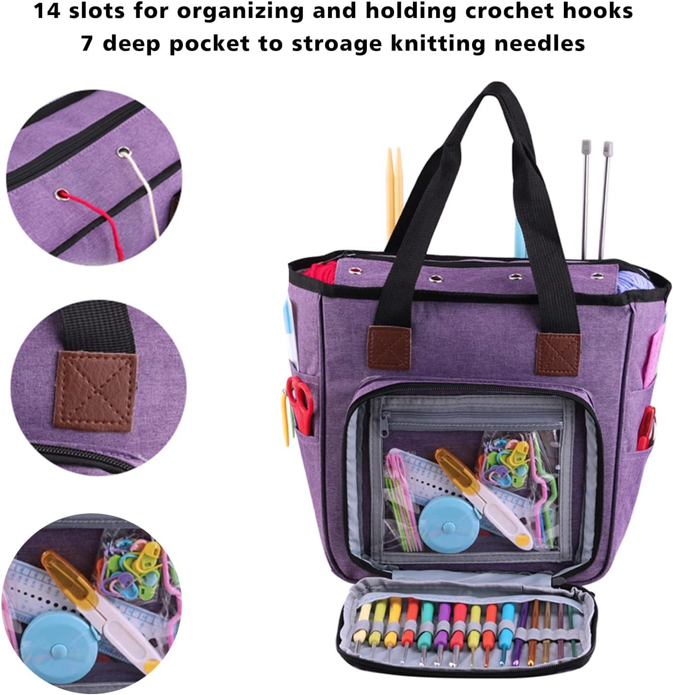 KOKNIT Knitting Tote Project Bag, Portable Carry on Knitting Yarn Storage Bag with Pockets for Crochet Hooks, Knitting Needles and Accessory